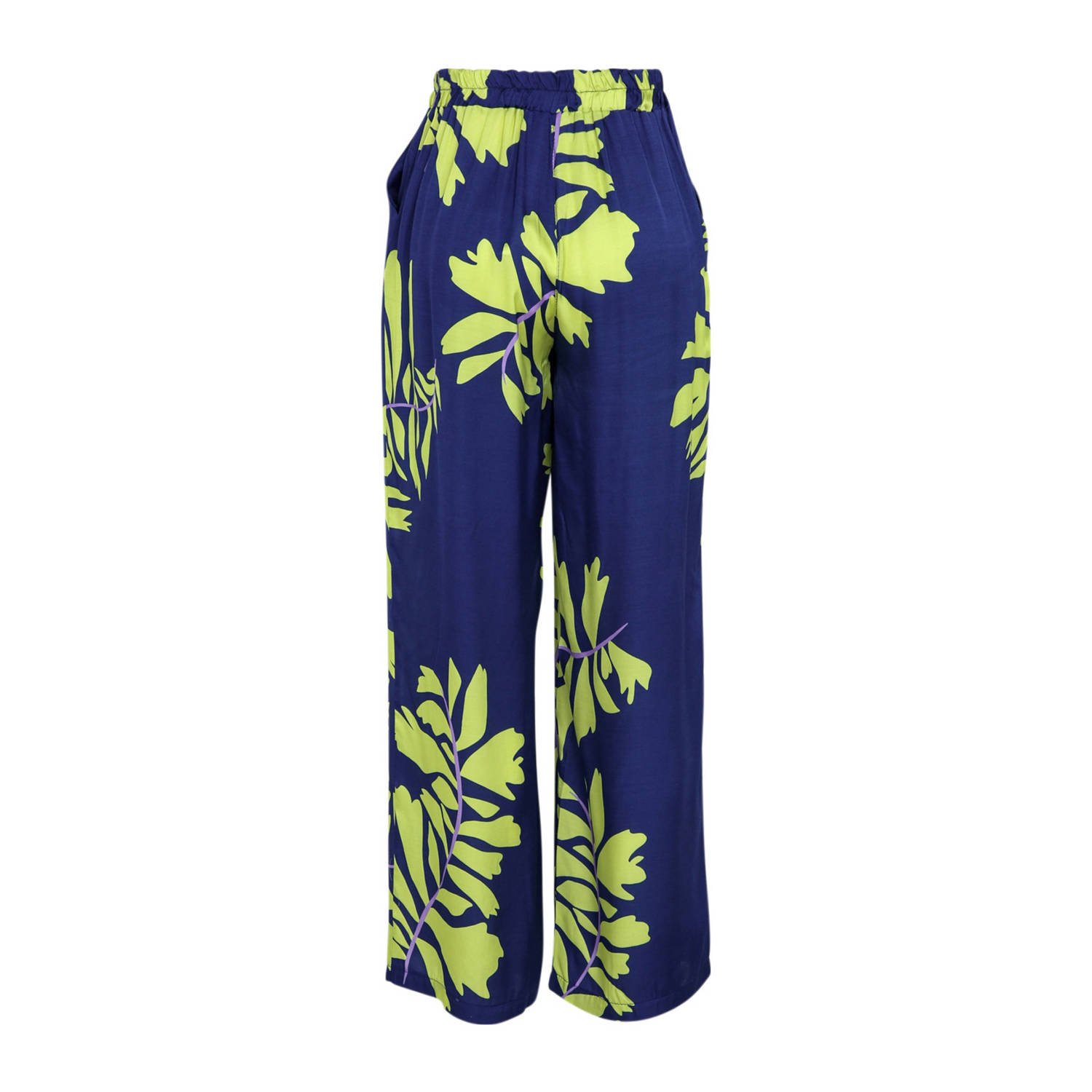 Cassis high waist wide leg pantalon met all over print donkerblauw limegroen