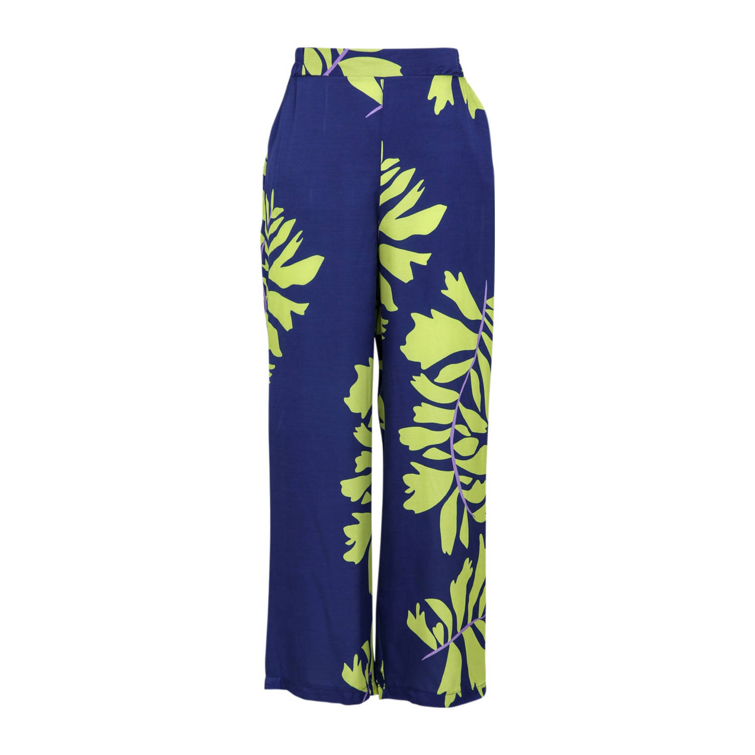 Cassis high waist wide leg pantalon met all over print donkerblauw limegroen
