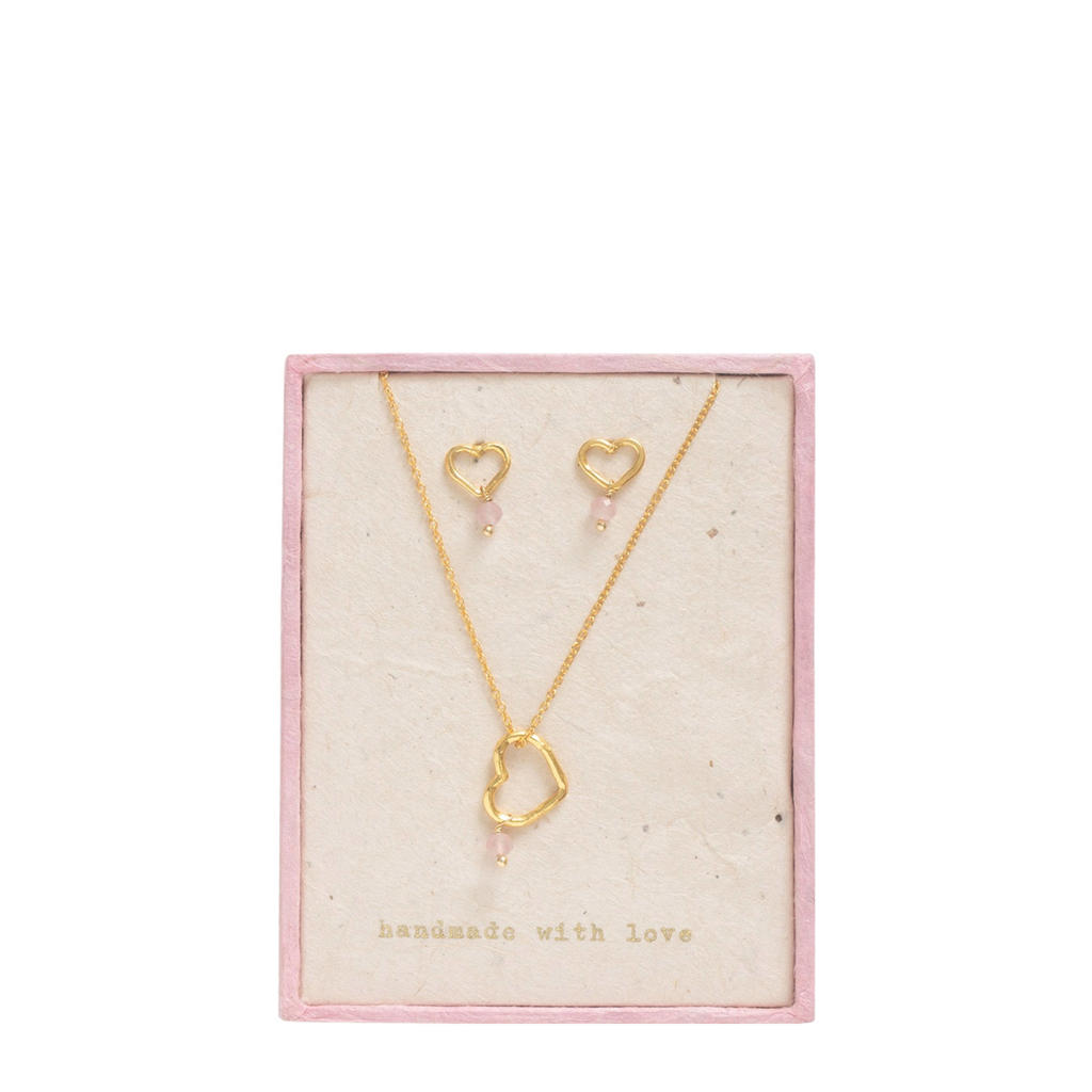 A Beautiful Story giftbox oorbellen + ketting Open Heart Rozenkwarts goudkleurig