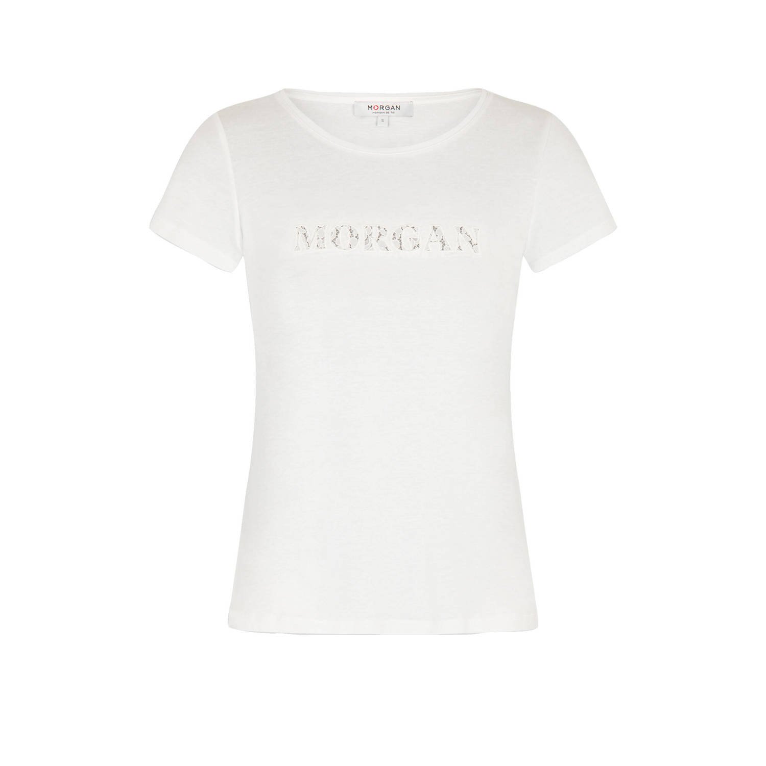 Morgan T-shirt met tekst en borduursels ecru