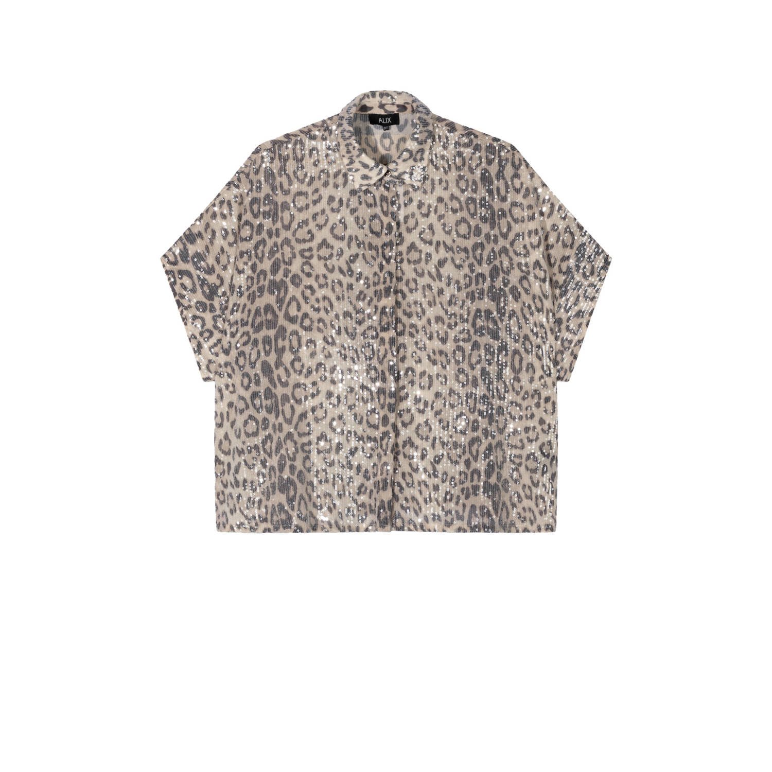 Alix the Label blouse met panterprint en pailletten beige bruin