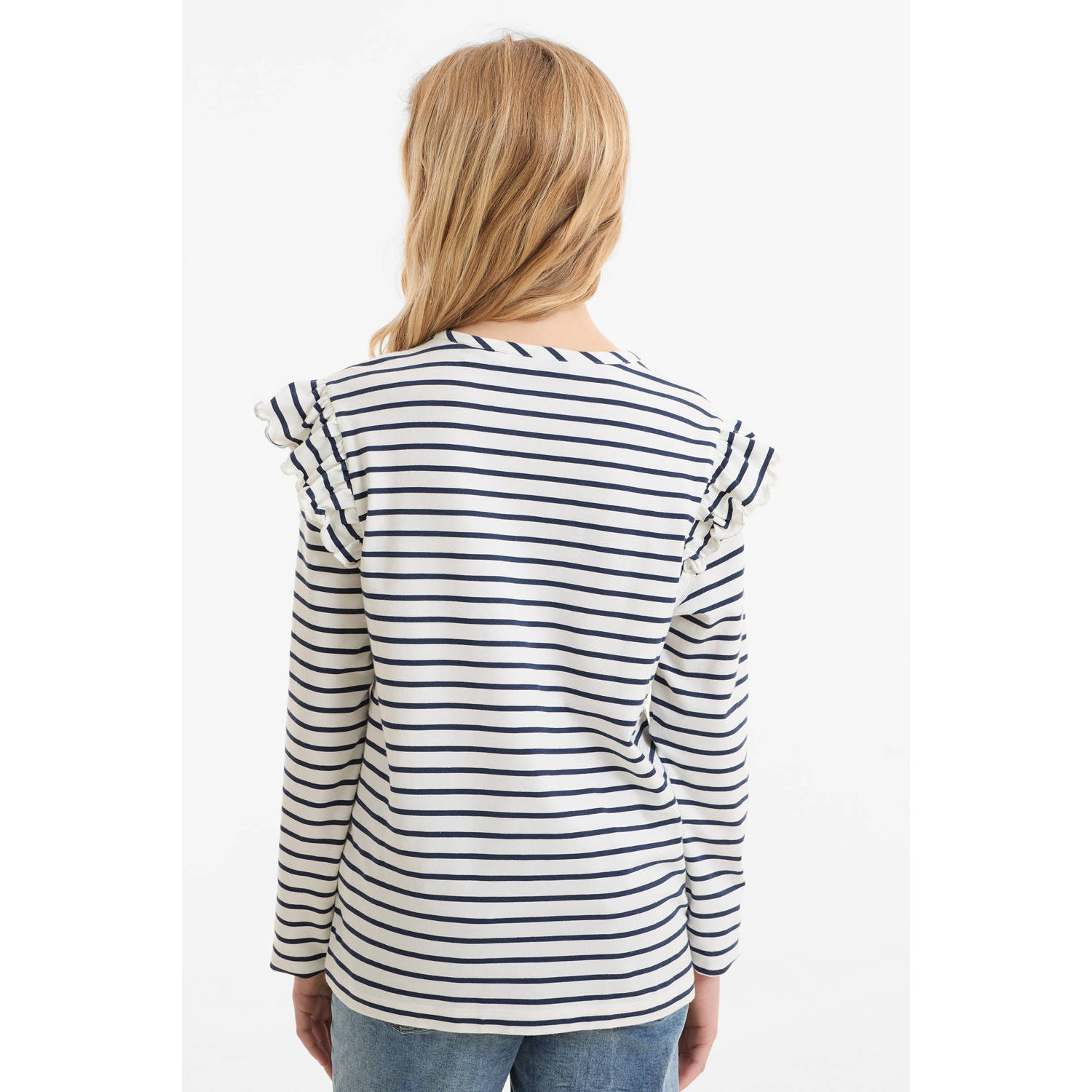 anytime longsleeve met ruffles wit donkerblauw