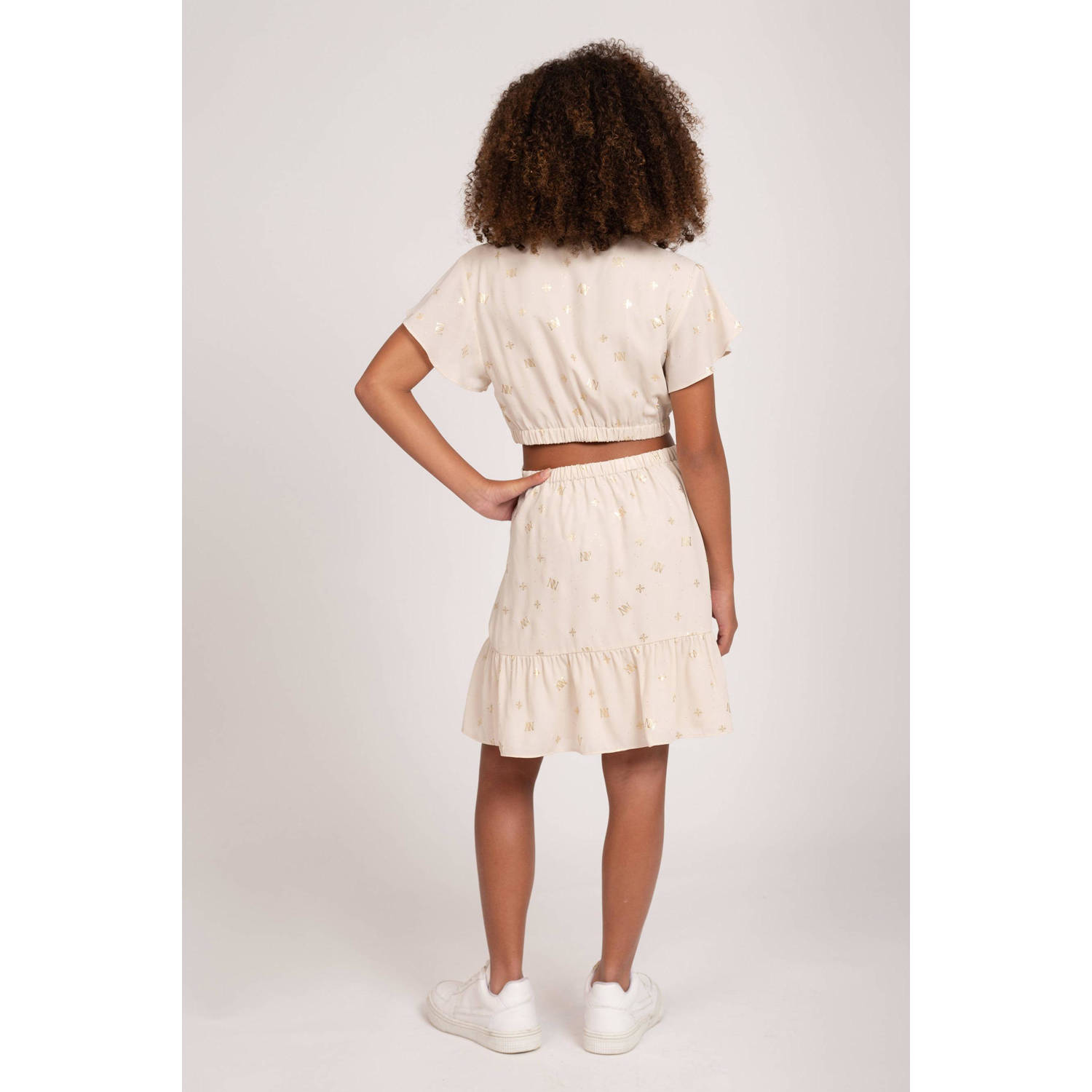 NIK&NIK jurk Shiva met all over print en volant beige goud