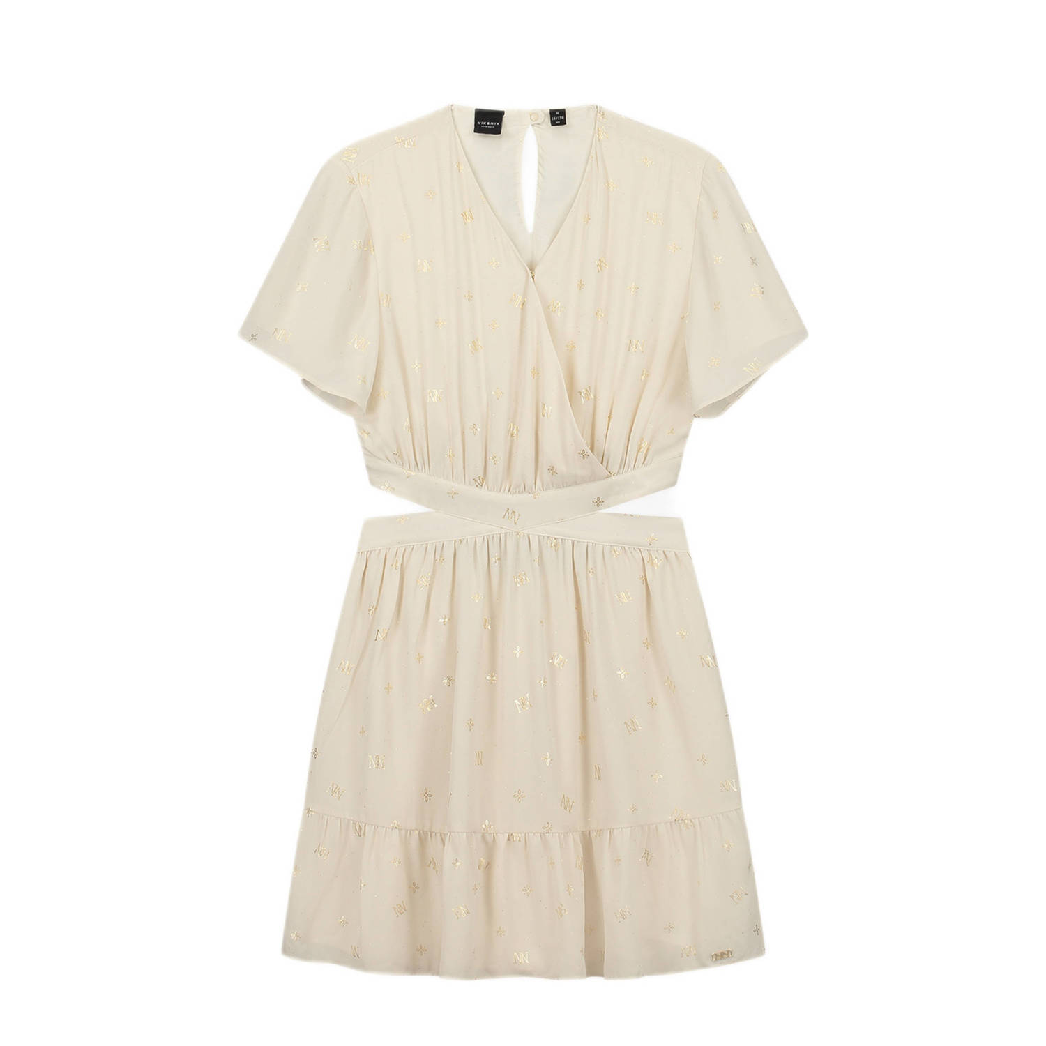 NIK&NIK jurk Shiva met all over print en volant beige goud Meisjes Polyester V-hals 164