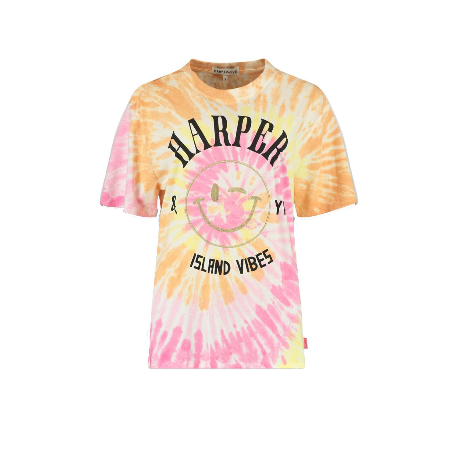 HARPER & YVE tie-dye t-shirt SWIRL met printopdruk roze oranje geel