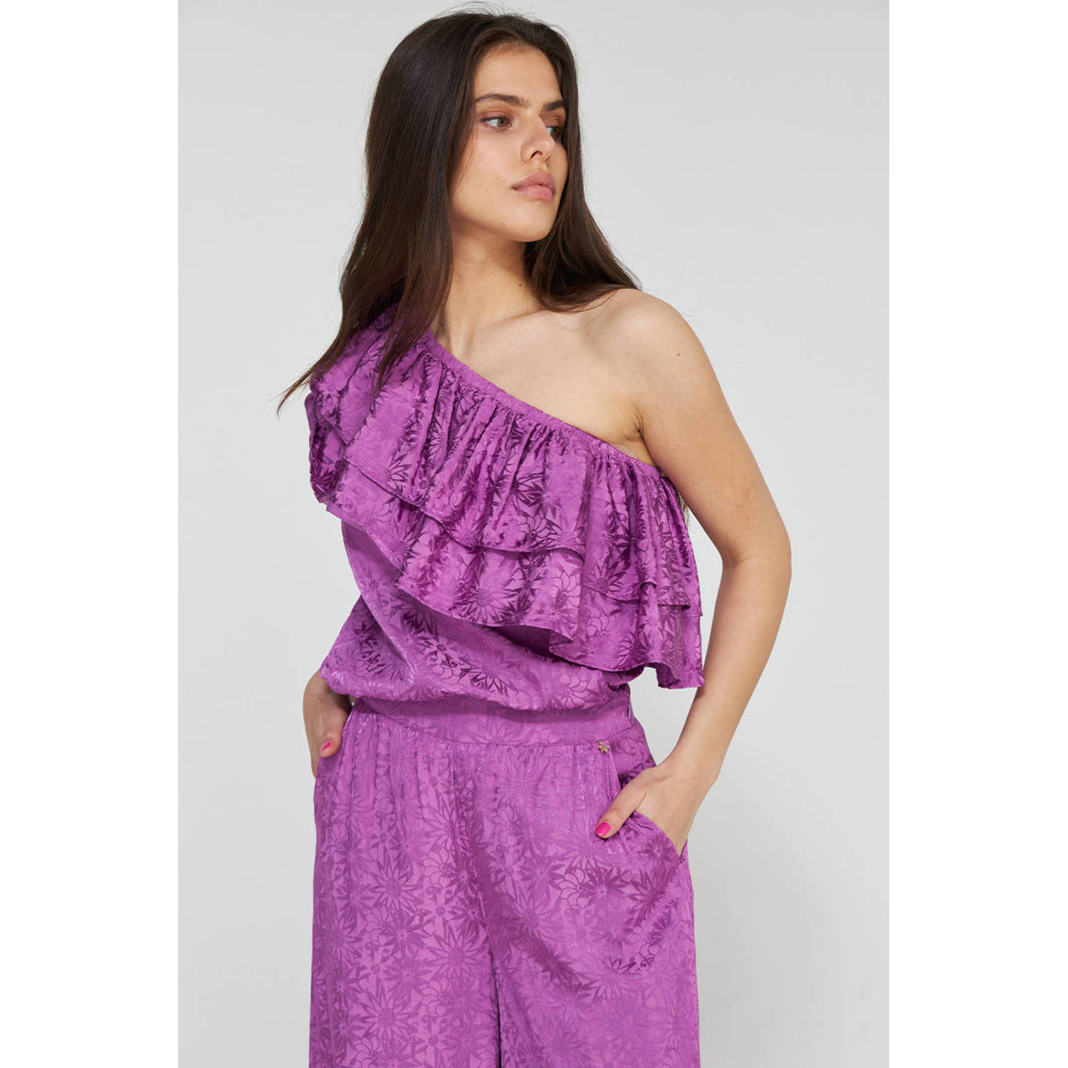 HARPER & YVE gebloemde satijnen one shouldertop ROSIE paars