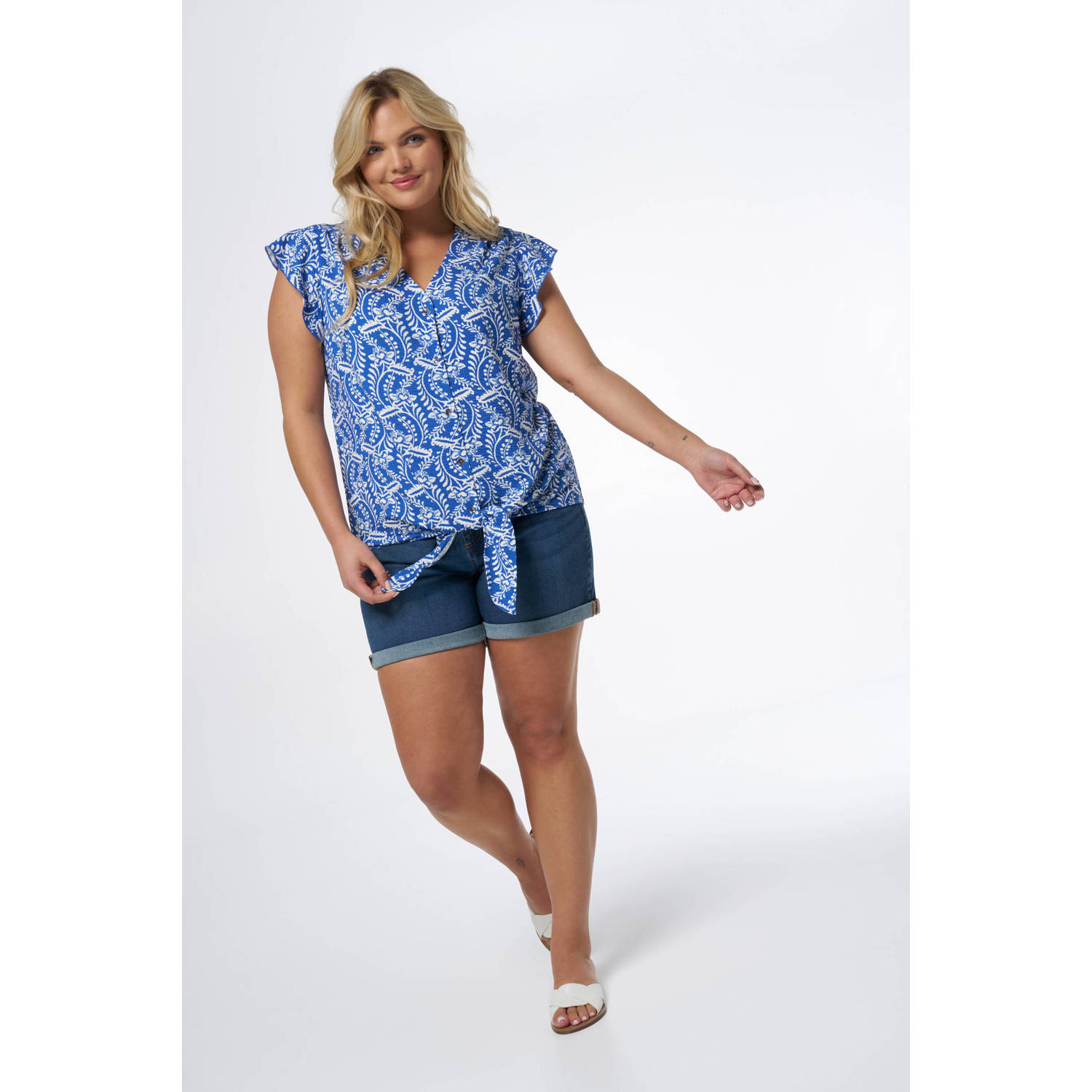 MS Mode blouse met all over print en ruches blauw wit