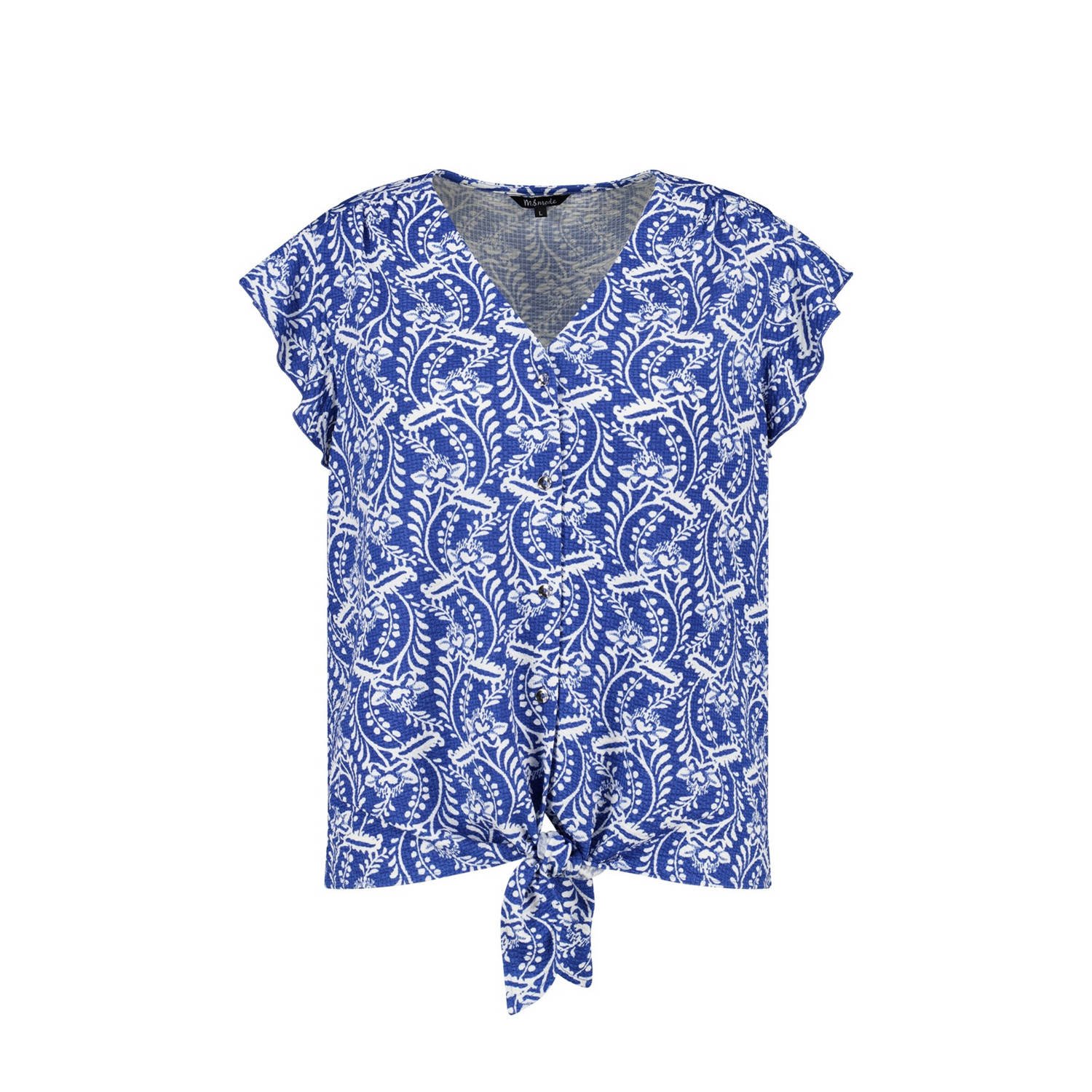 MS Mode blouse met all over print en ruches blauw wit
