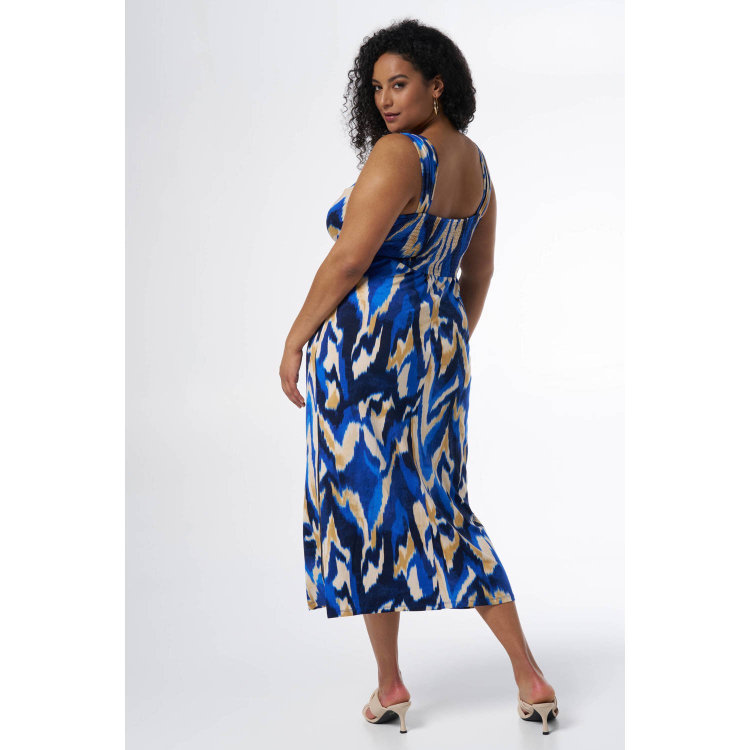 MS Mode jurk met bladprint blauw ecru oker