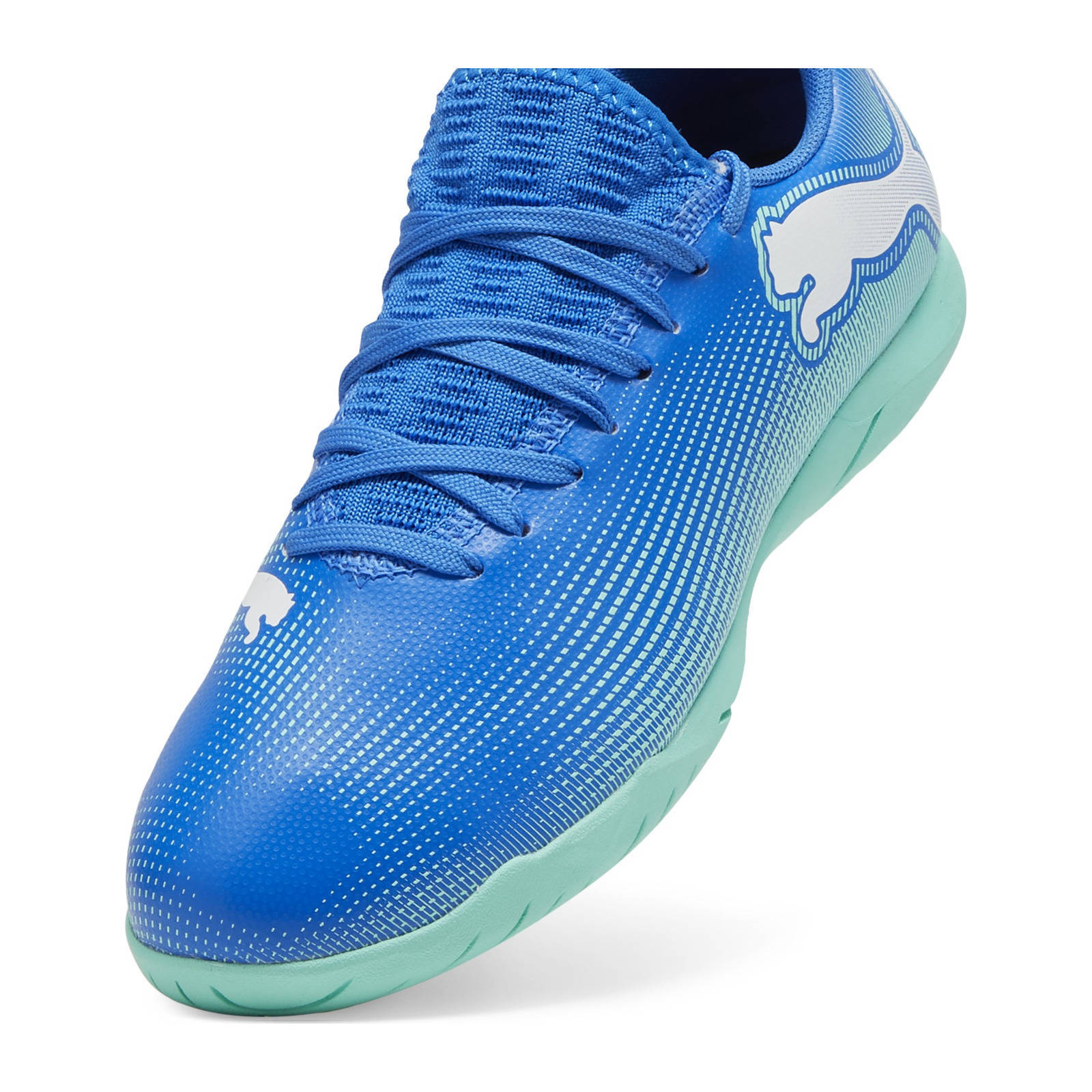 Puma Future 7 Play junior zaalvoetbalschoenen kobaltblauw/mintgroen/wit |  wehkamp