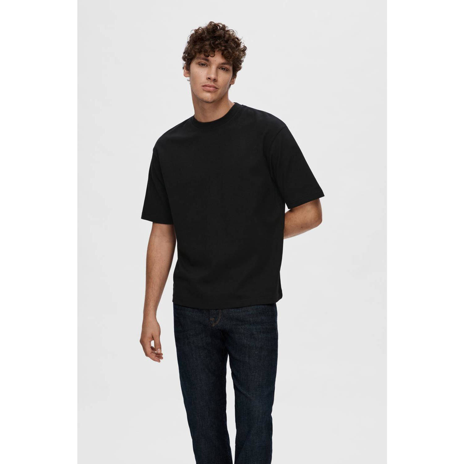 SELECTED HOMME loose fit t-shirt SLHLOOSEOSCAR zwart