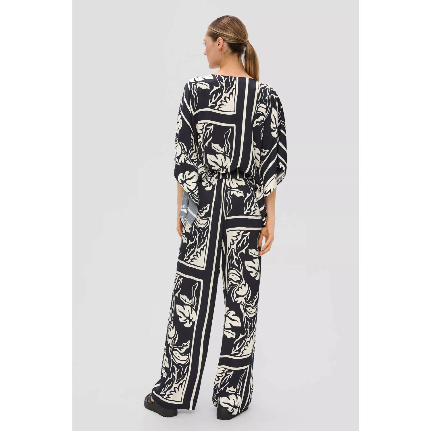 s.Oliver BLACK LABEL straight fit broek met all over print zwart ecru