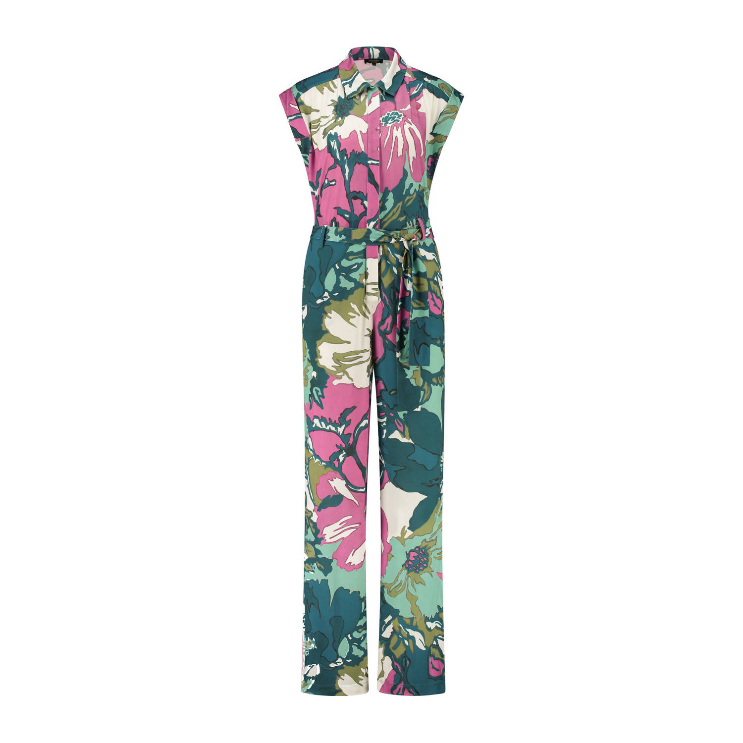 Claudia Sträter jumpsuit met all over print en ceintuur groen roze wit