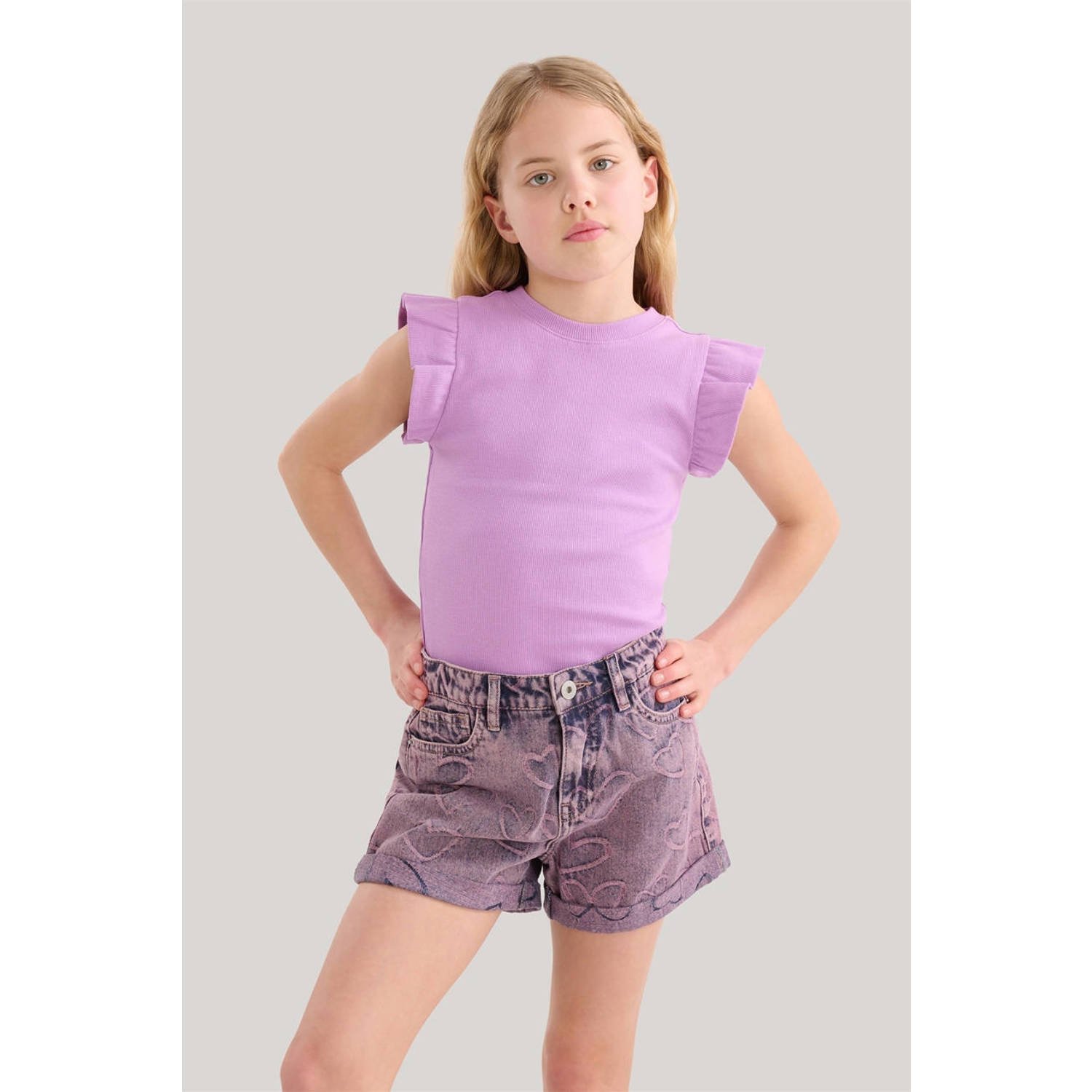 Shoeby T-shirt met ruches paars Meisjes Stretchkatoen Ronde hals Effen 146 152