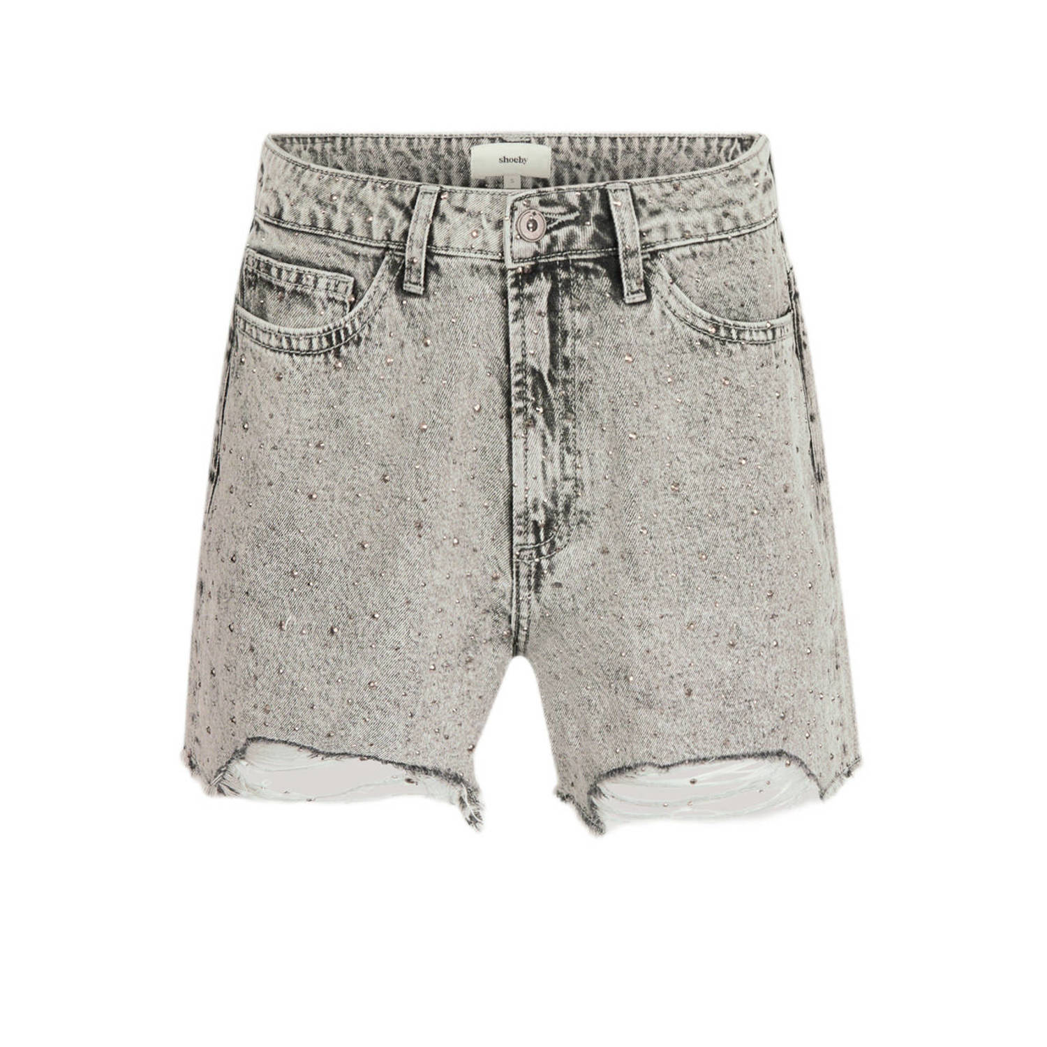 Shoeby high waist regular fit denim short met all over print en slijtage grey denim