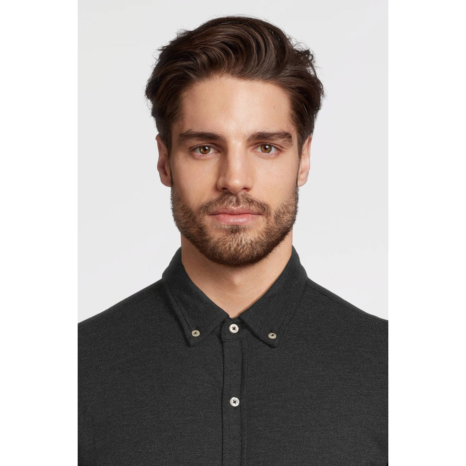 anytime piqué longsleeve overhemd zwart