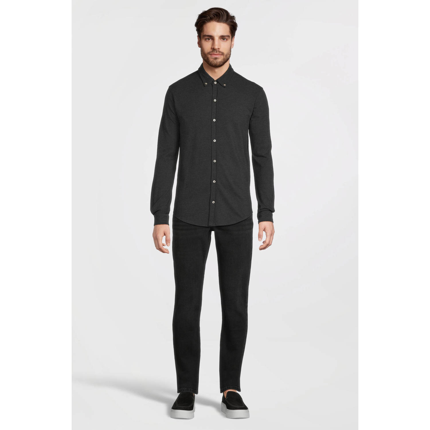 anytime piqué longsleeve overhemd zwart