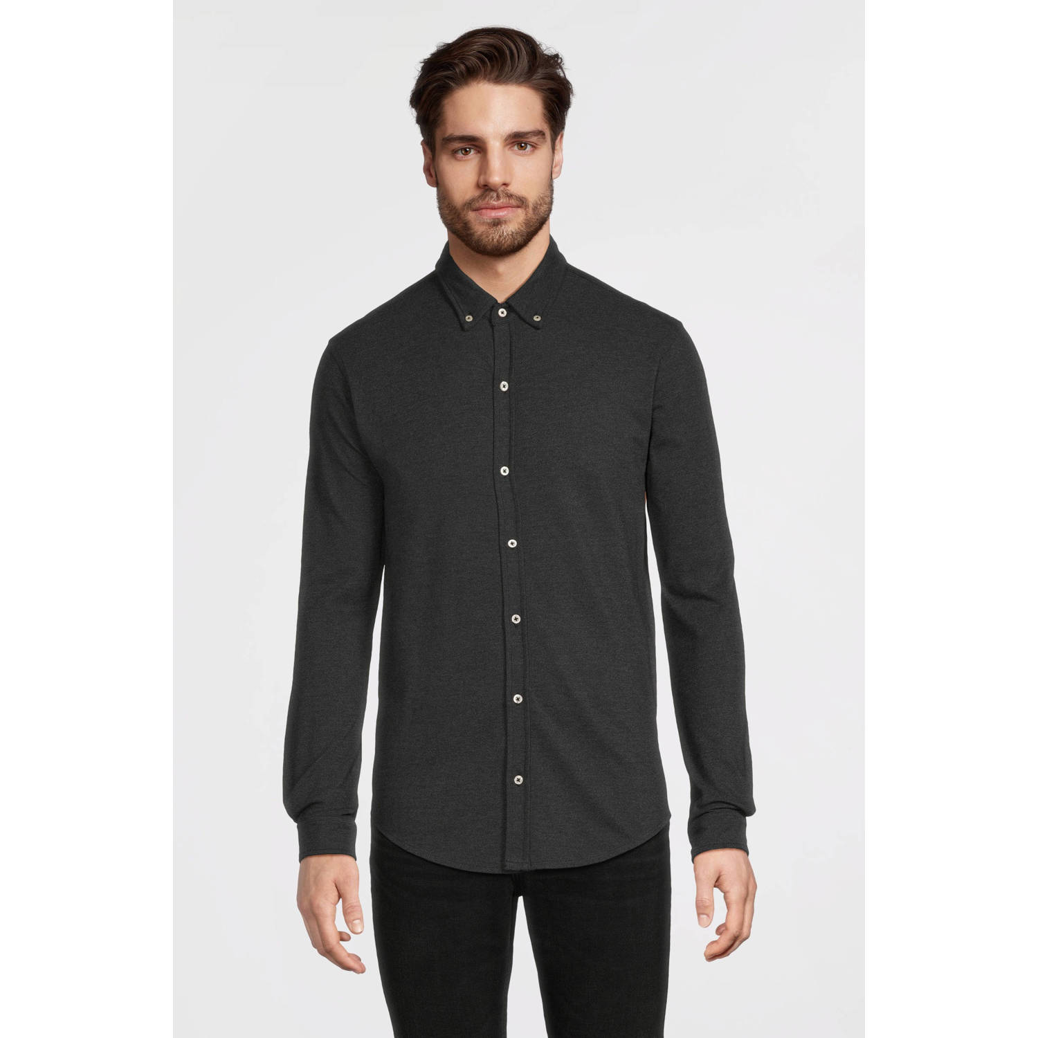 Anytime piqué longsleeve overhemd zwart