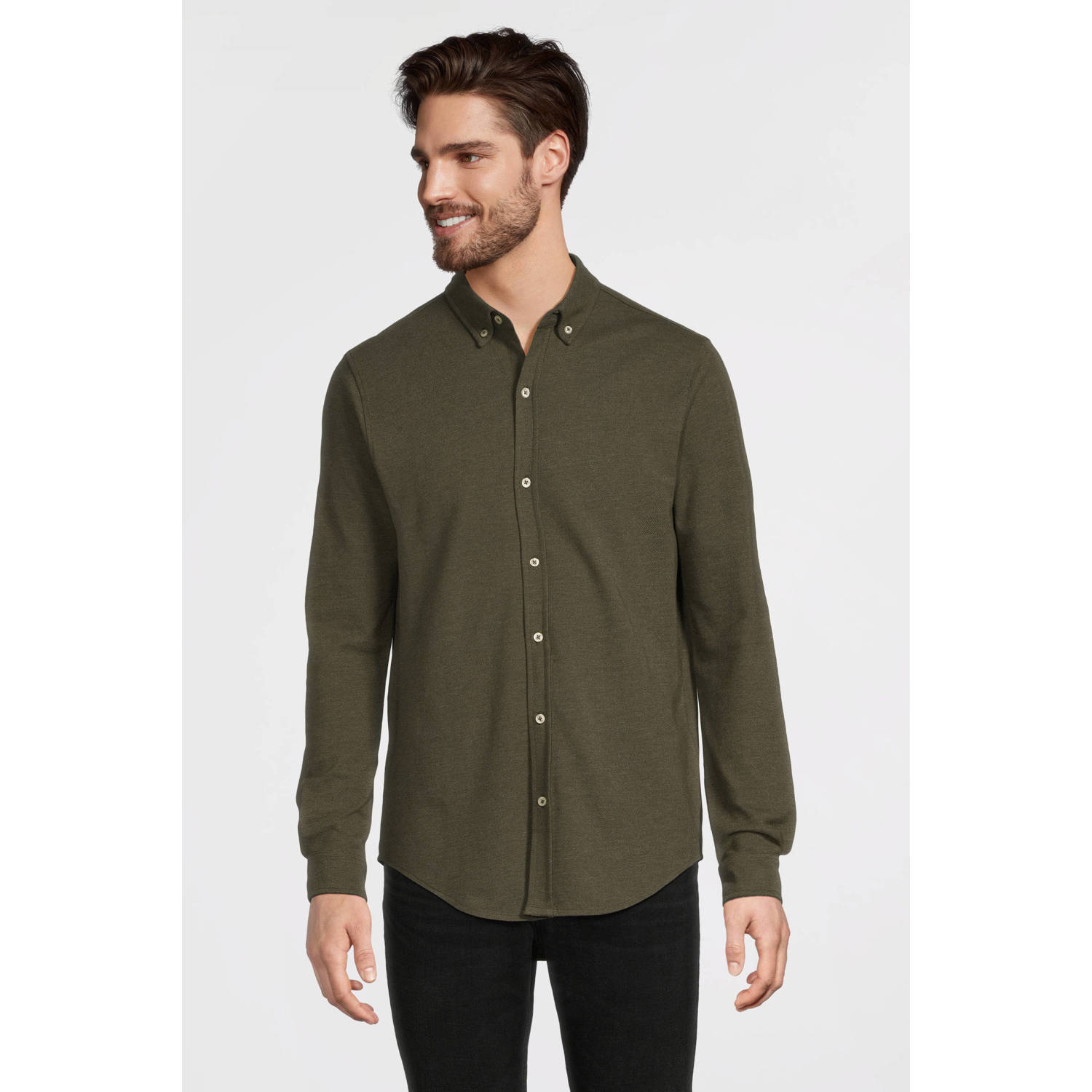 Anytime piqué longsleeve overhemd khaki