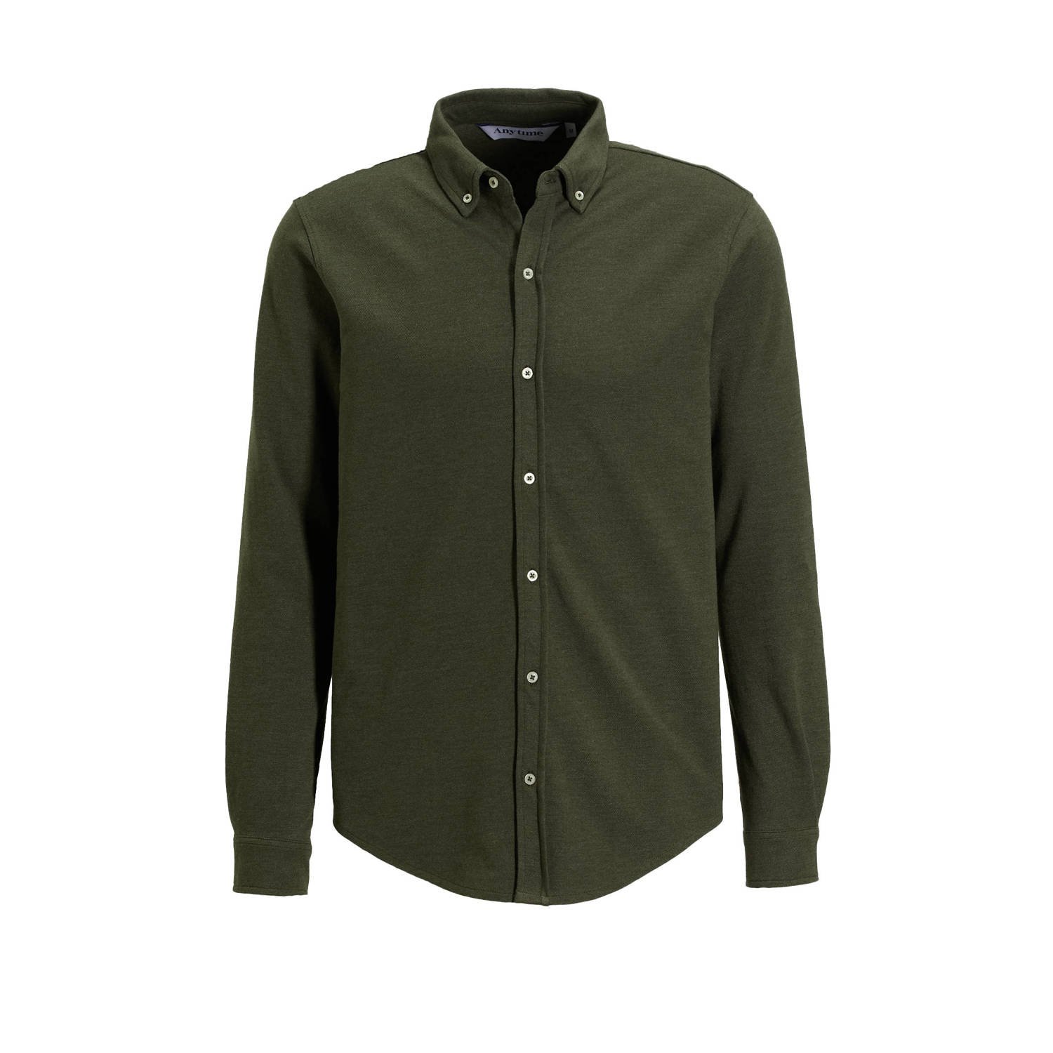 Anytime piqué longsleeve overhemd khaki