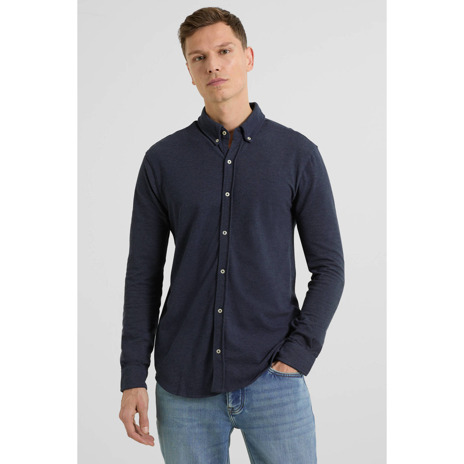 Anytime piqué longsleeve overhemd marineblauw