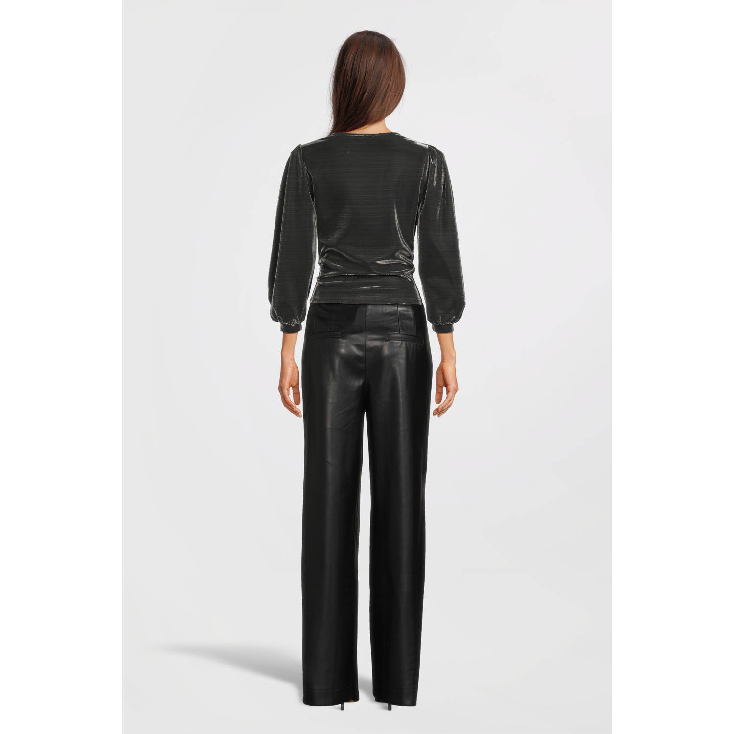 Aaiko imitatieleren wide leg broek zwart