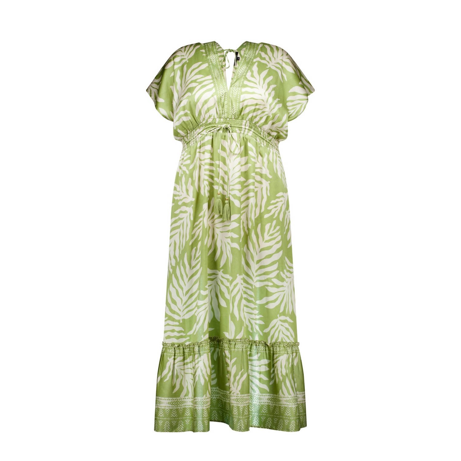 MS Mode maxi jurk met bladprint olijfgroen