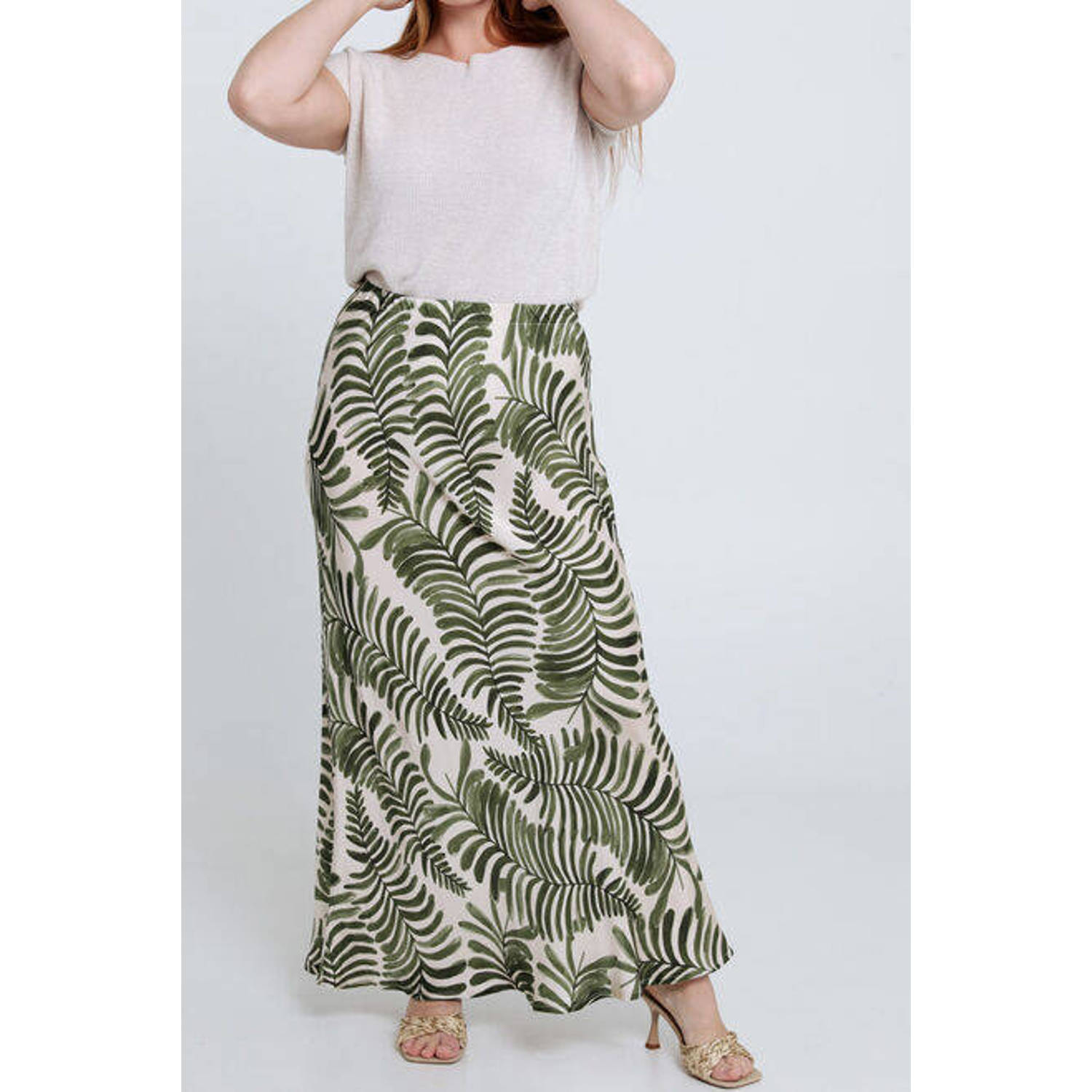 Cassis maxi rok met bladprint groen ecru