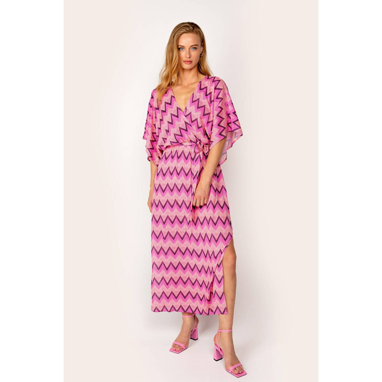 Freebird gestreepte maxi jurk roze oranje paars