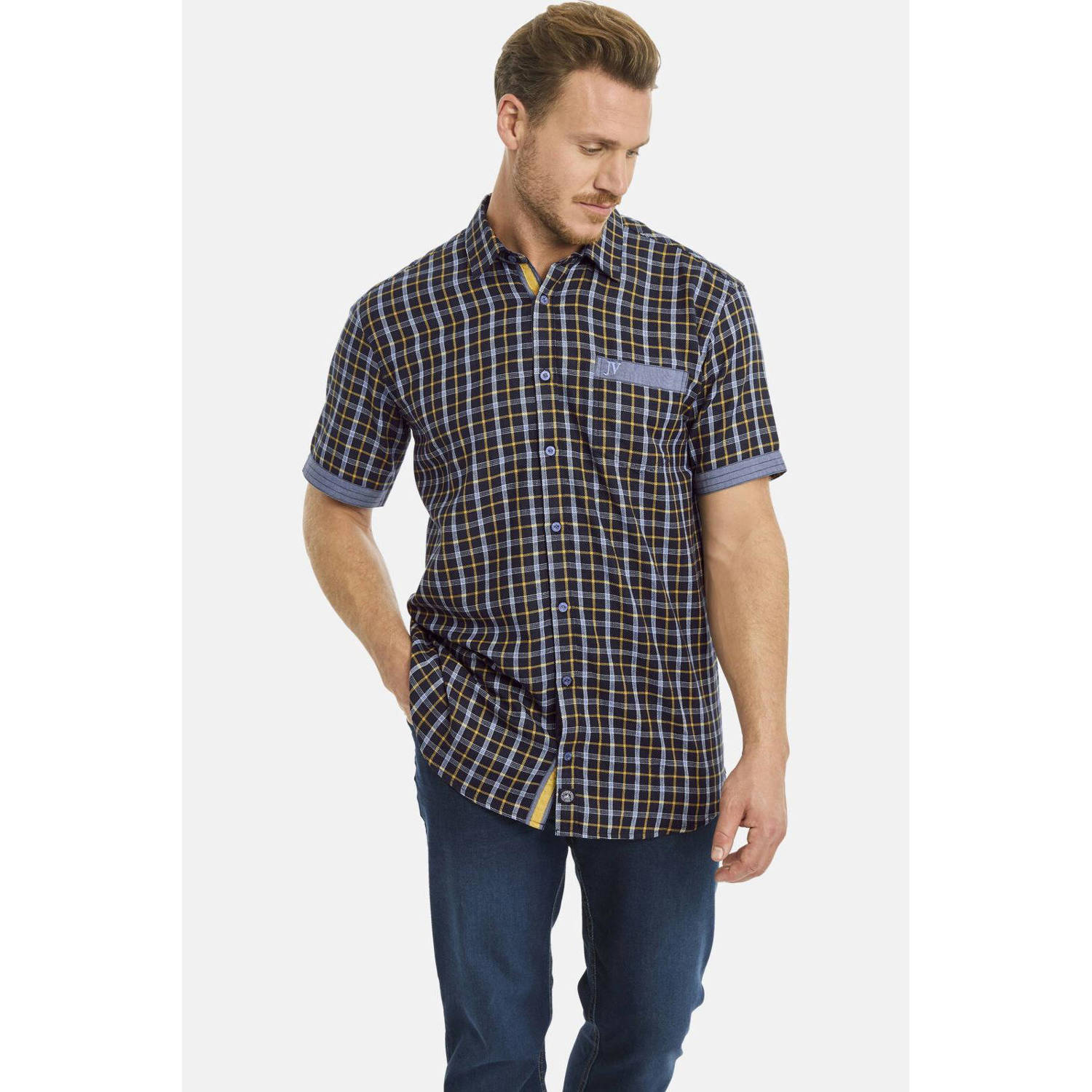 Jan Vanderstorm +FIT Collectie geruit regular fit overhemd BAKKE Plus Size donkerblauw