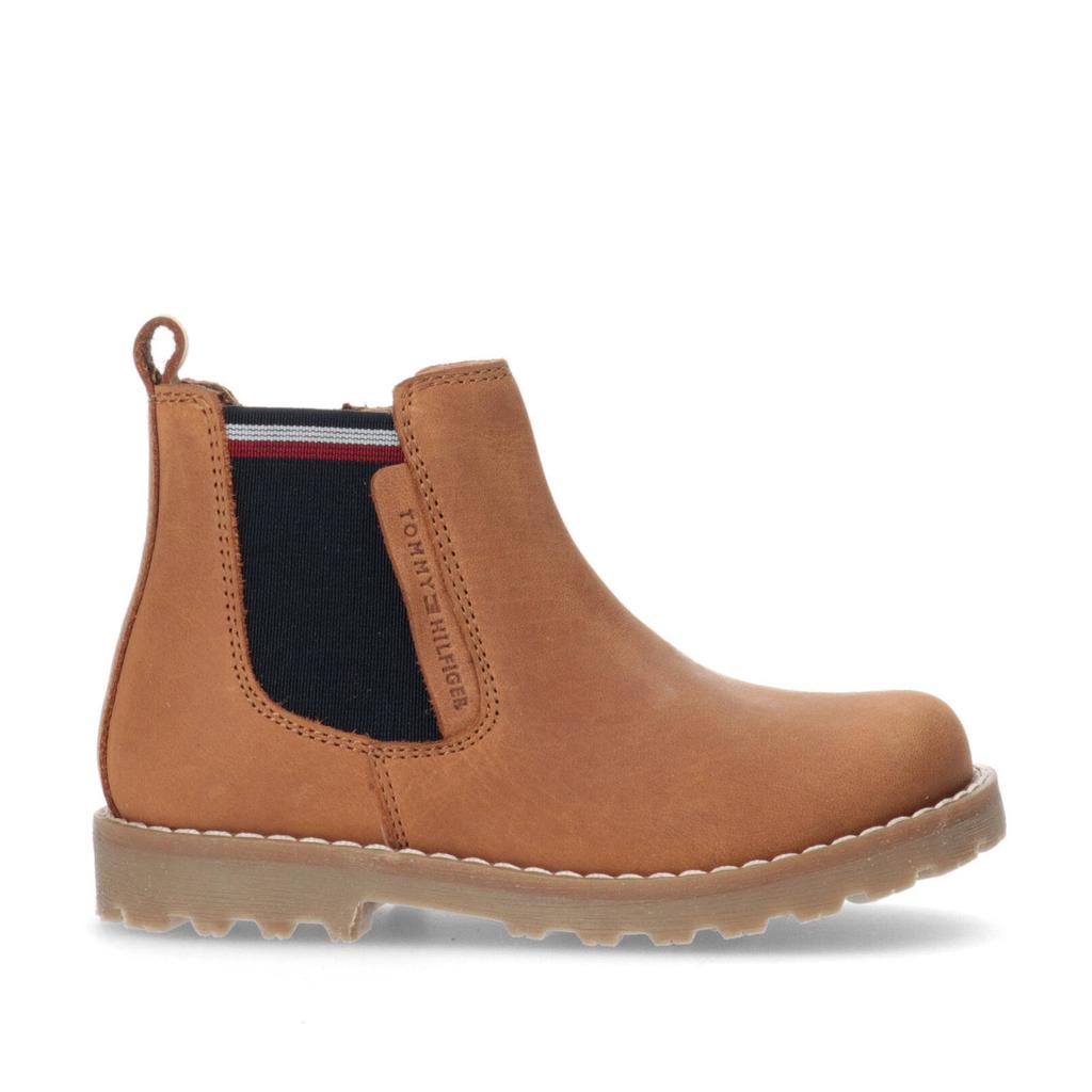 Camelkleurige jongens Tommy Hilfiger leren chelsea boots met ritssluiting en effen