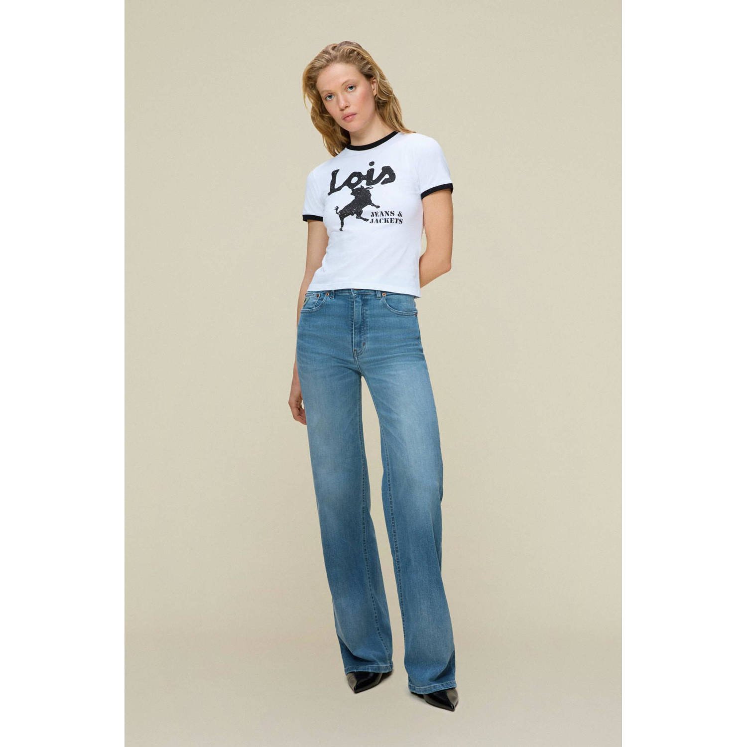 Lois T-shirt Emma Black Legend met contrastbies wit zwart