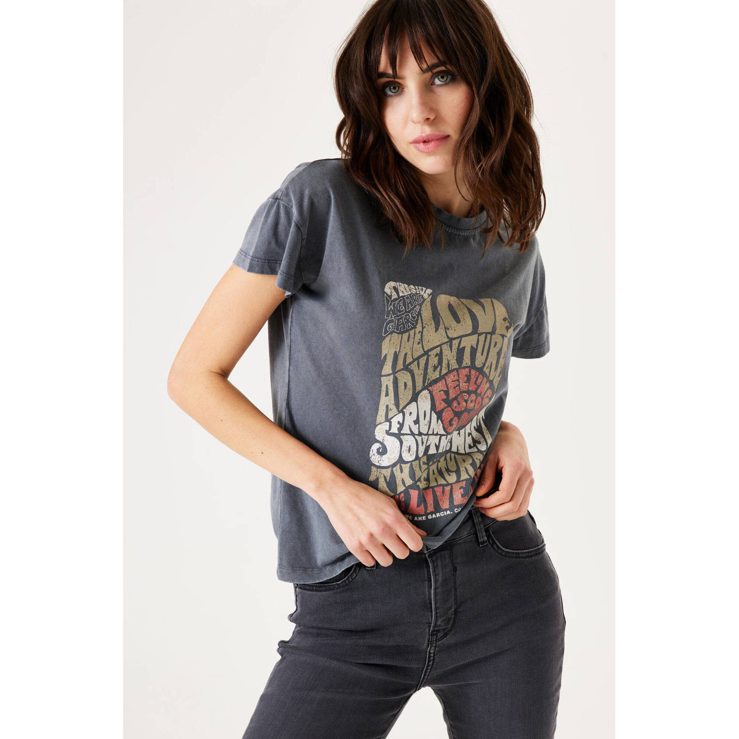 Garcia T-shirt met printopdruk grijs multi