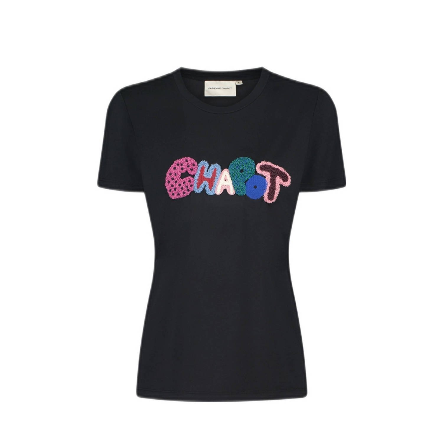 Fabienne Chapot Zwart T-shirt met Ronde Hals en Borduursel Black Dames