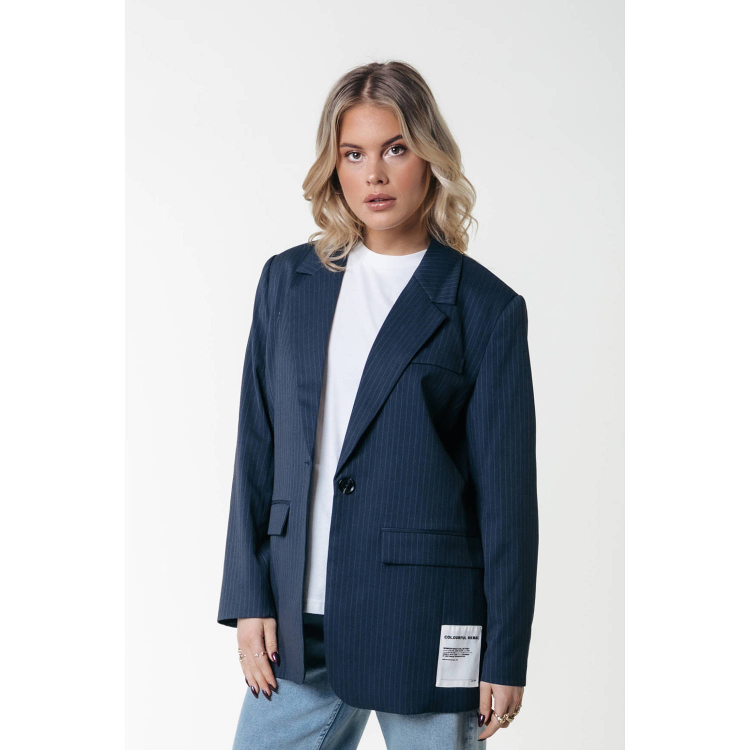 Colourful Rebel oversized blazer met krijtstreep donkerblauw