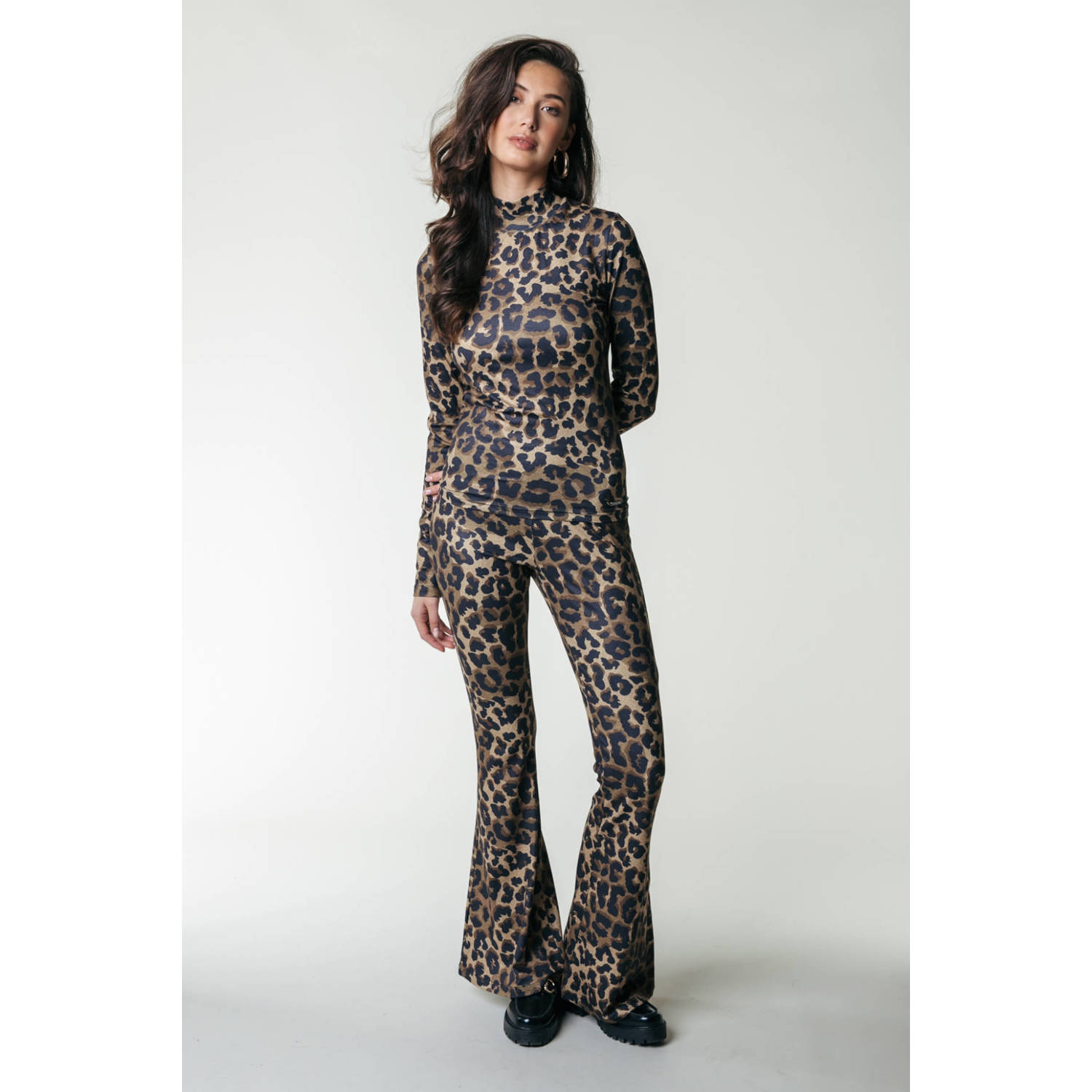 Colourful Rebel flared broek met panterprint bruin zwart