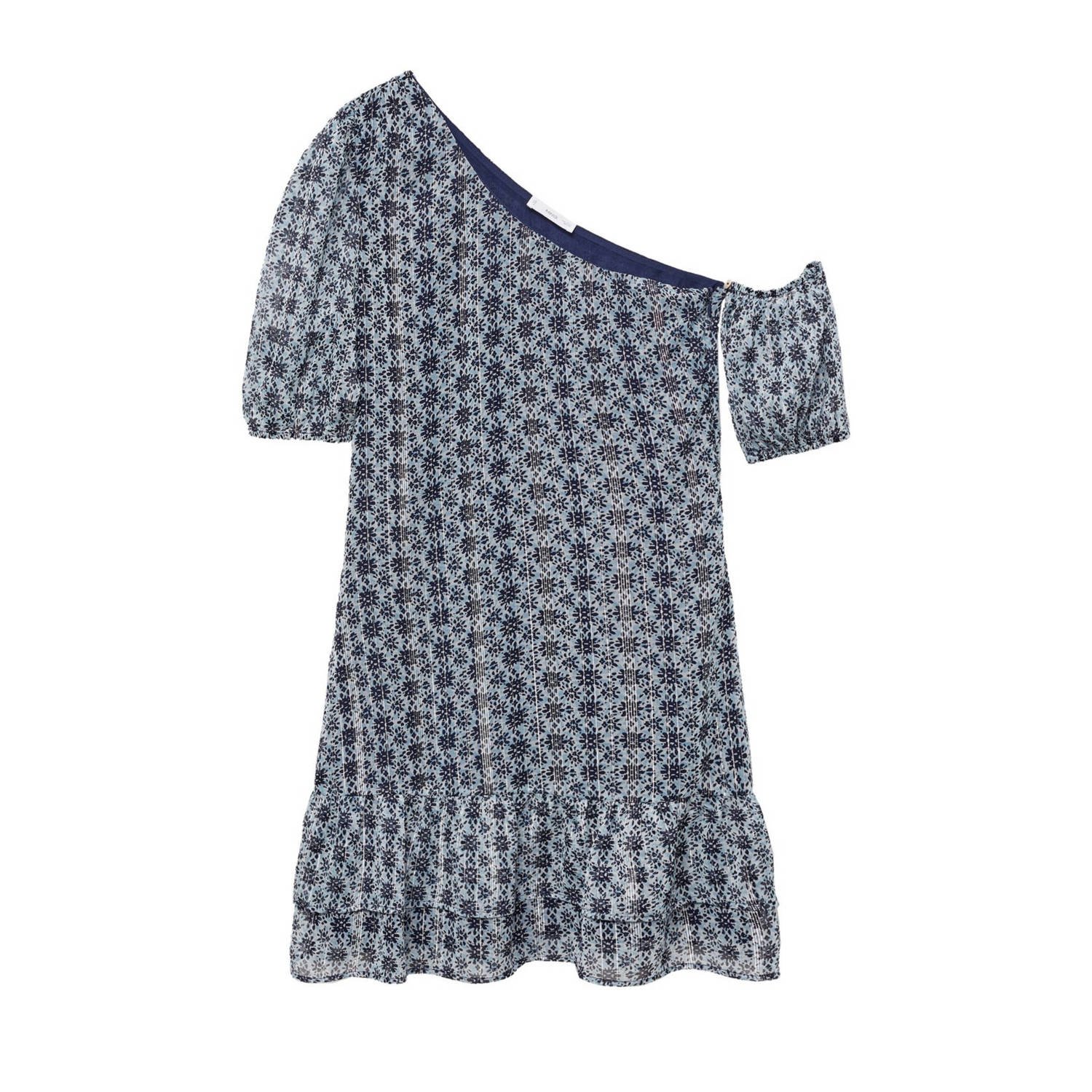 Mango Kids A-lijn jurk met all over print en volant donkerblauw wit Meisjes Polyester One shoulder 152(XXS)