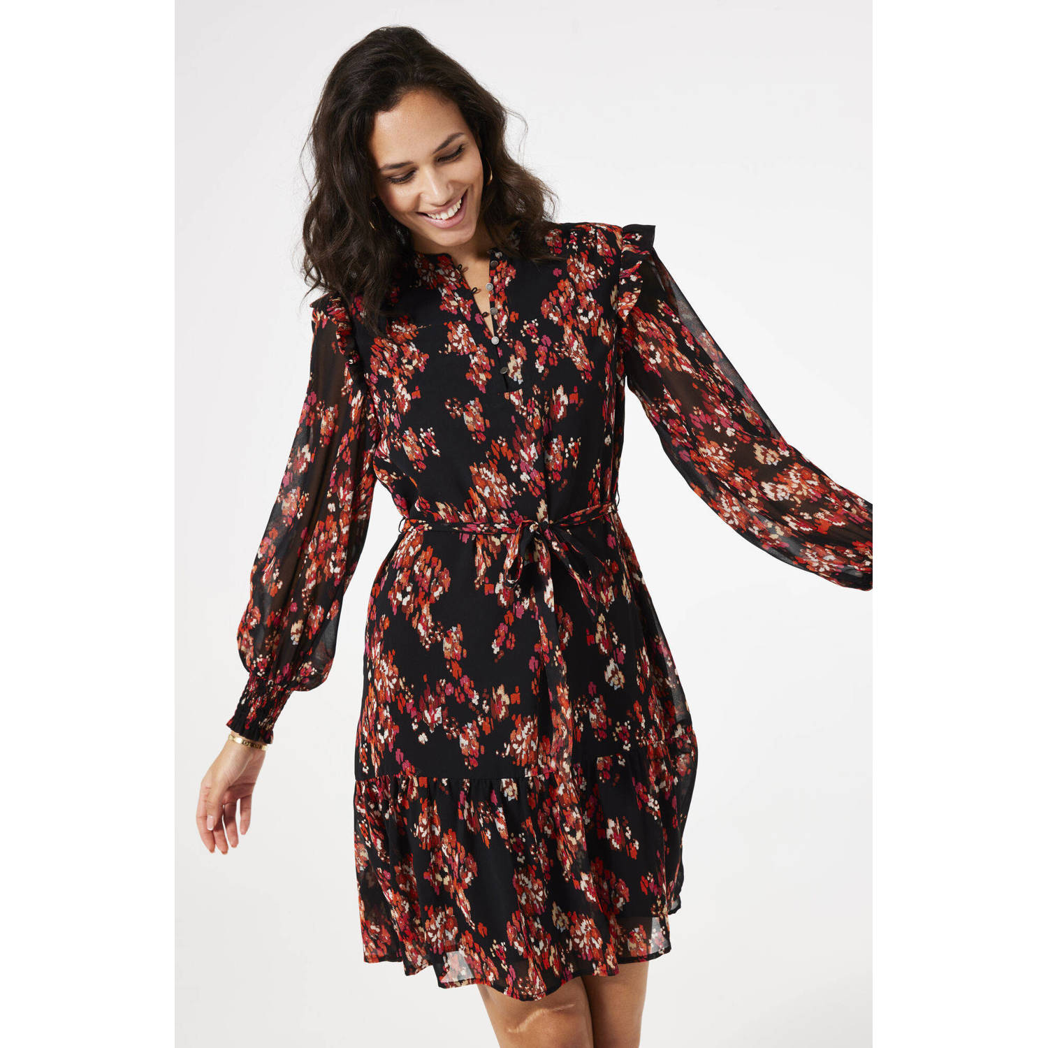 Garcia jurk met all over print zwart rood oranje