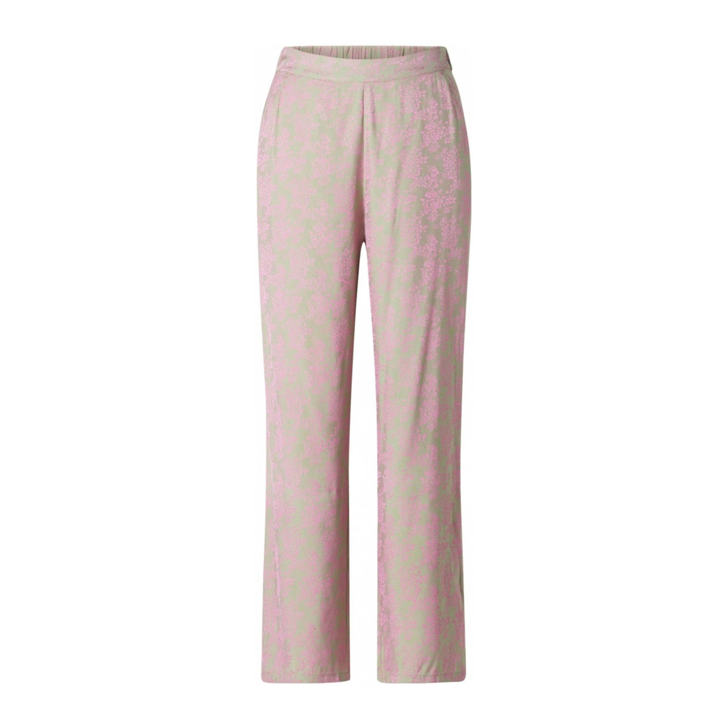 Ivy Beau gebloemde satijnen high waist wide leg pantalon Ceyla met jacquard groen roze