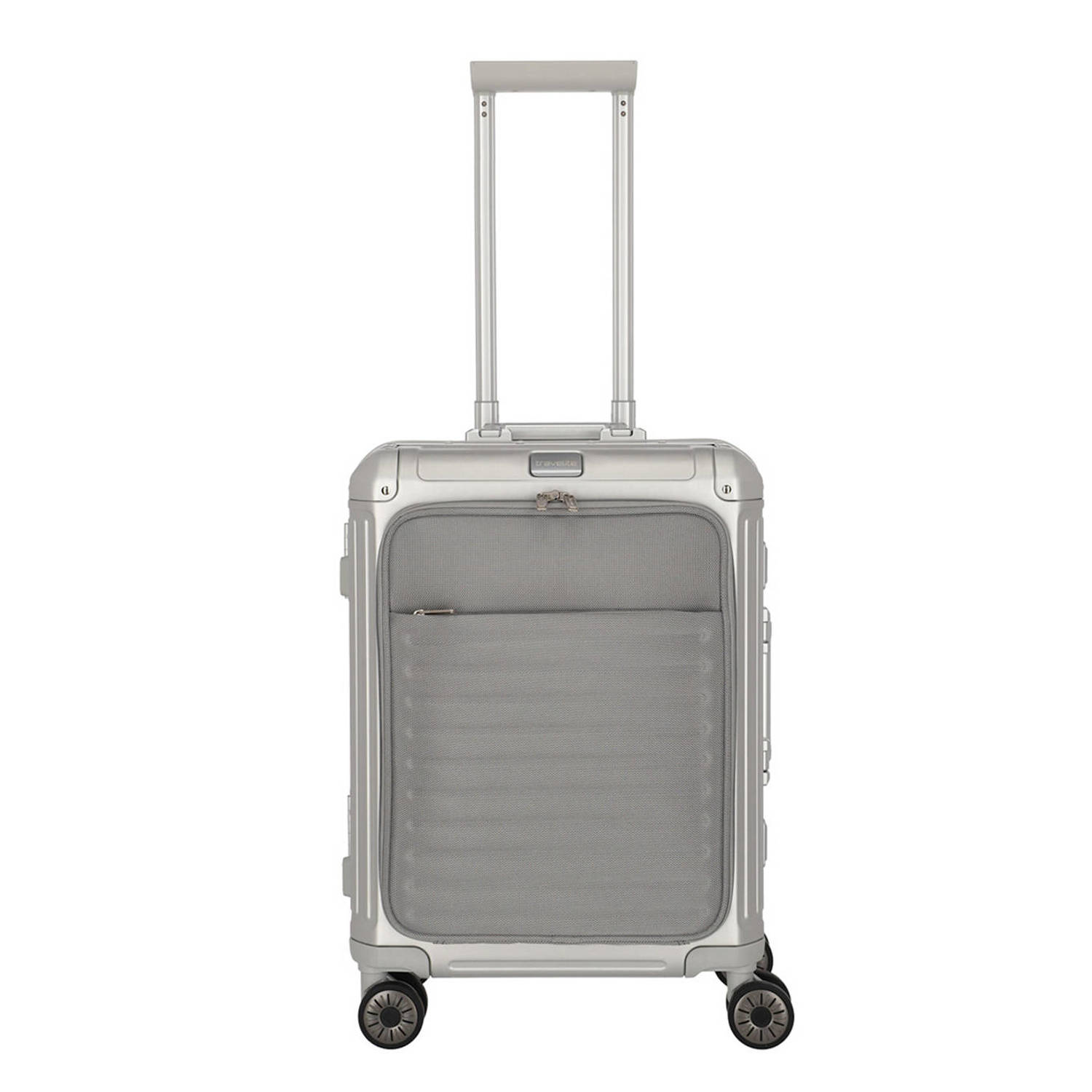 Travelite trolley Next 2.0 Aluminium 55 cm. frontpocket zilverkleurig