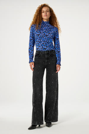 gebloemde top Billy blauw/ zwart