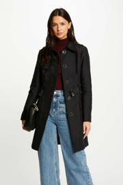 thumbnail: Zwarte dames Morgan trenchcoat van polyester met effen, lange mouwen, klassieke kraag, knoopsluiting en ceintuur
