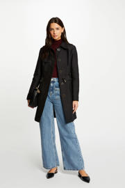 thumbnail: Zwarte dames Morgan trenchcoat van polyester met effen, lange mouwen, klassieke kraag, knoopsluiting en ceintuur