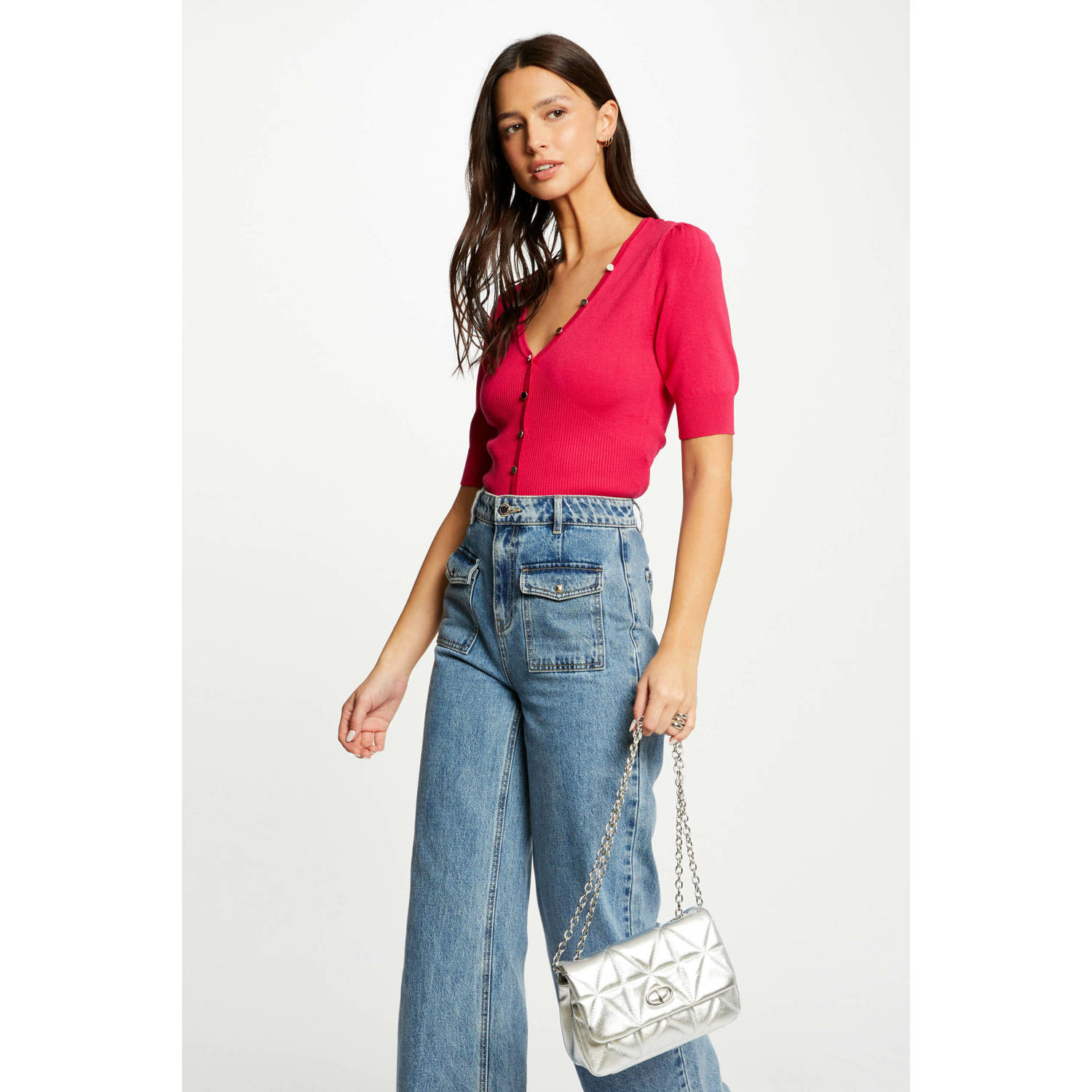 Morgan ribgebreide top roze rood