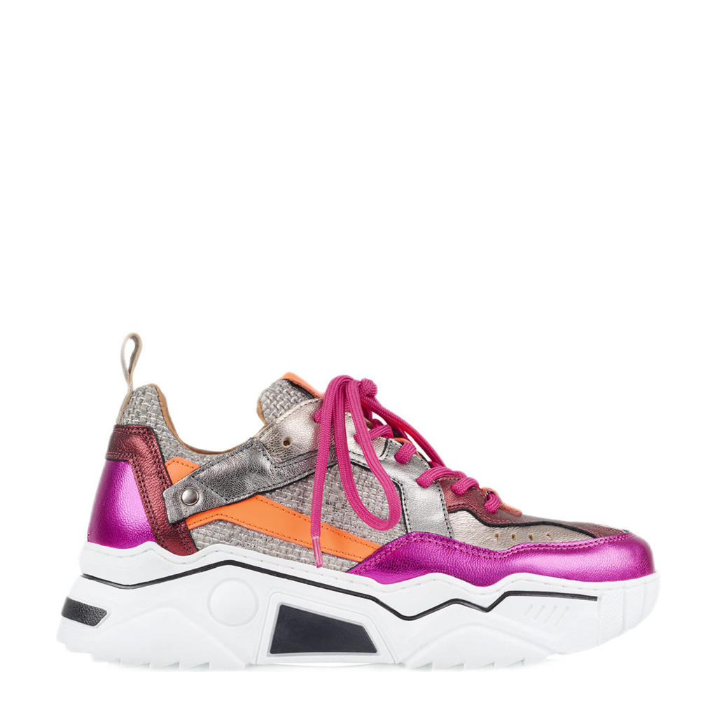 Grijs en fuchsia dames DWRS Pluto chunky leren sneakers met veters