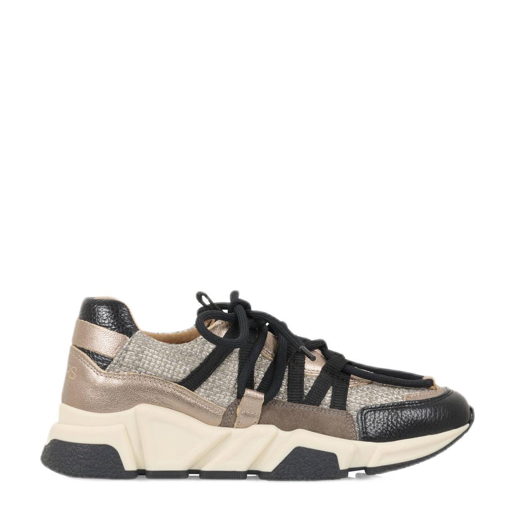 Taupe en zwarte dames DWRS Los Angeles chunky leren sneakers met plateauzool en veters