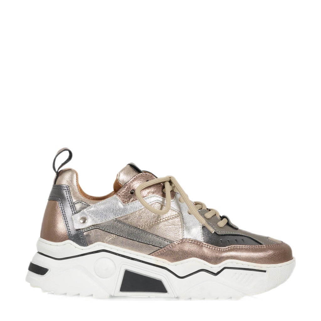 Beige en zilverkleurige dames DWRS Pluto chunky leren sneakers met veters