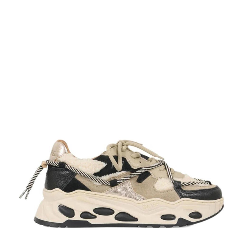 Zwart en ecru dames DWRS Saturnus teddy chunky leren sneakers met veters