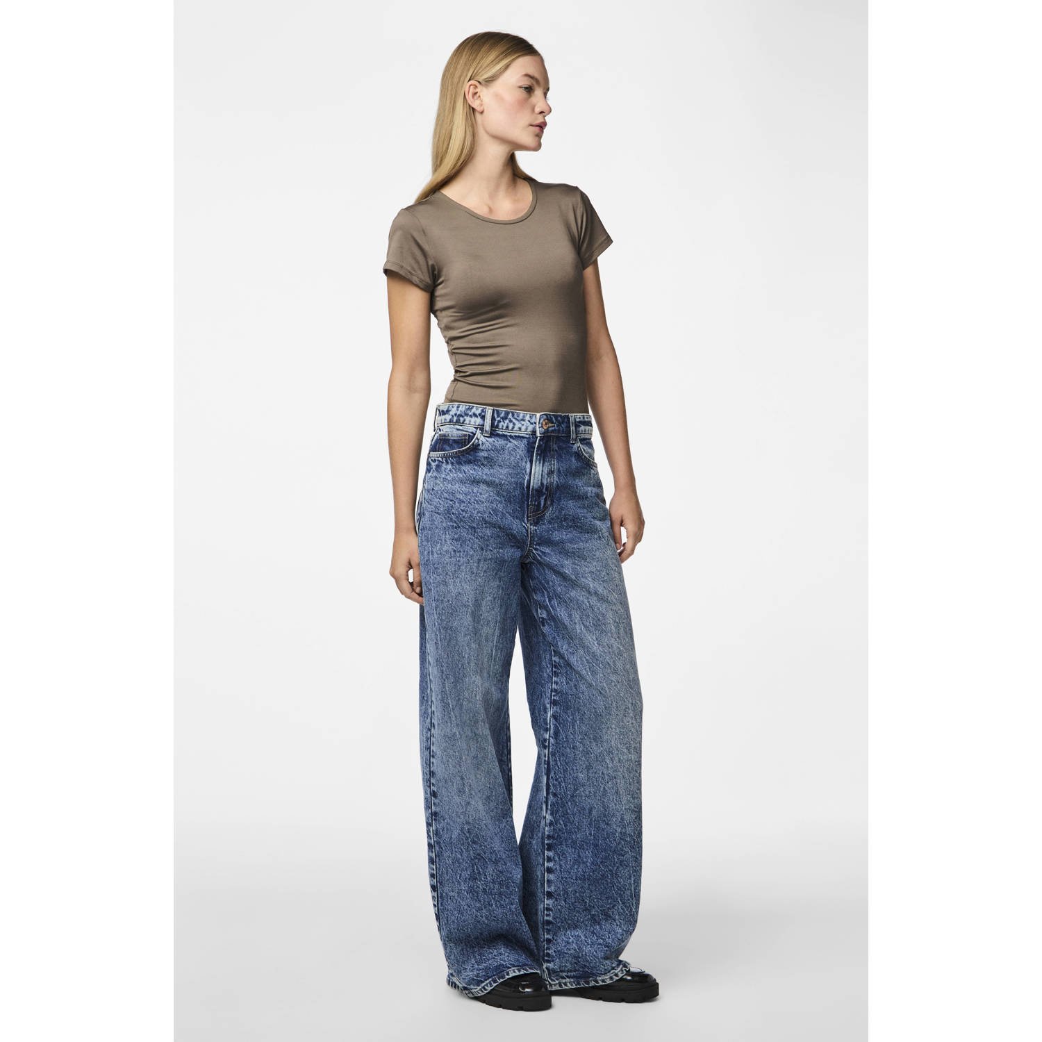 PIECES high waist wide leg jeans medium blue denim