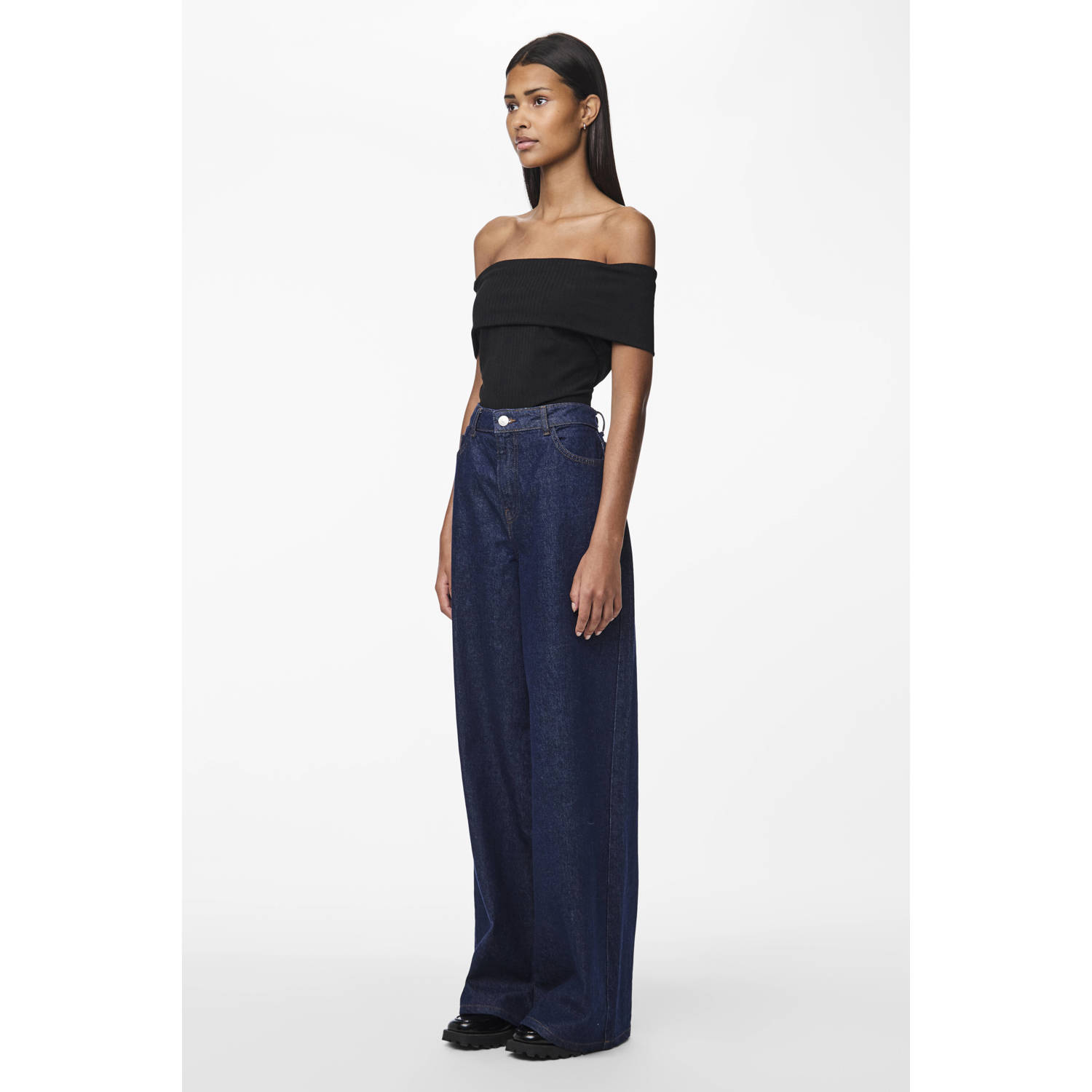 PIECES high waist wide leg jeans PCSELMA dark blue denim